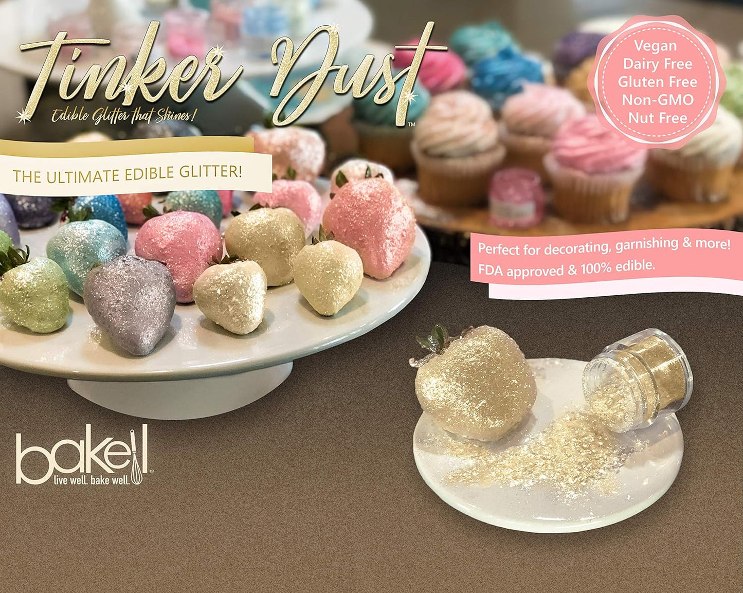 BAKELL White Edible Glitter, 25 Grams | TINKER DUST Edible Glitter | KOSHER Certified | 100% Edible Glitter | Cakes, Cupcakes, Cake Pops, Drinks, Dessert Vegan Glitter & Dusts (25g, White)