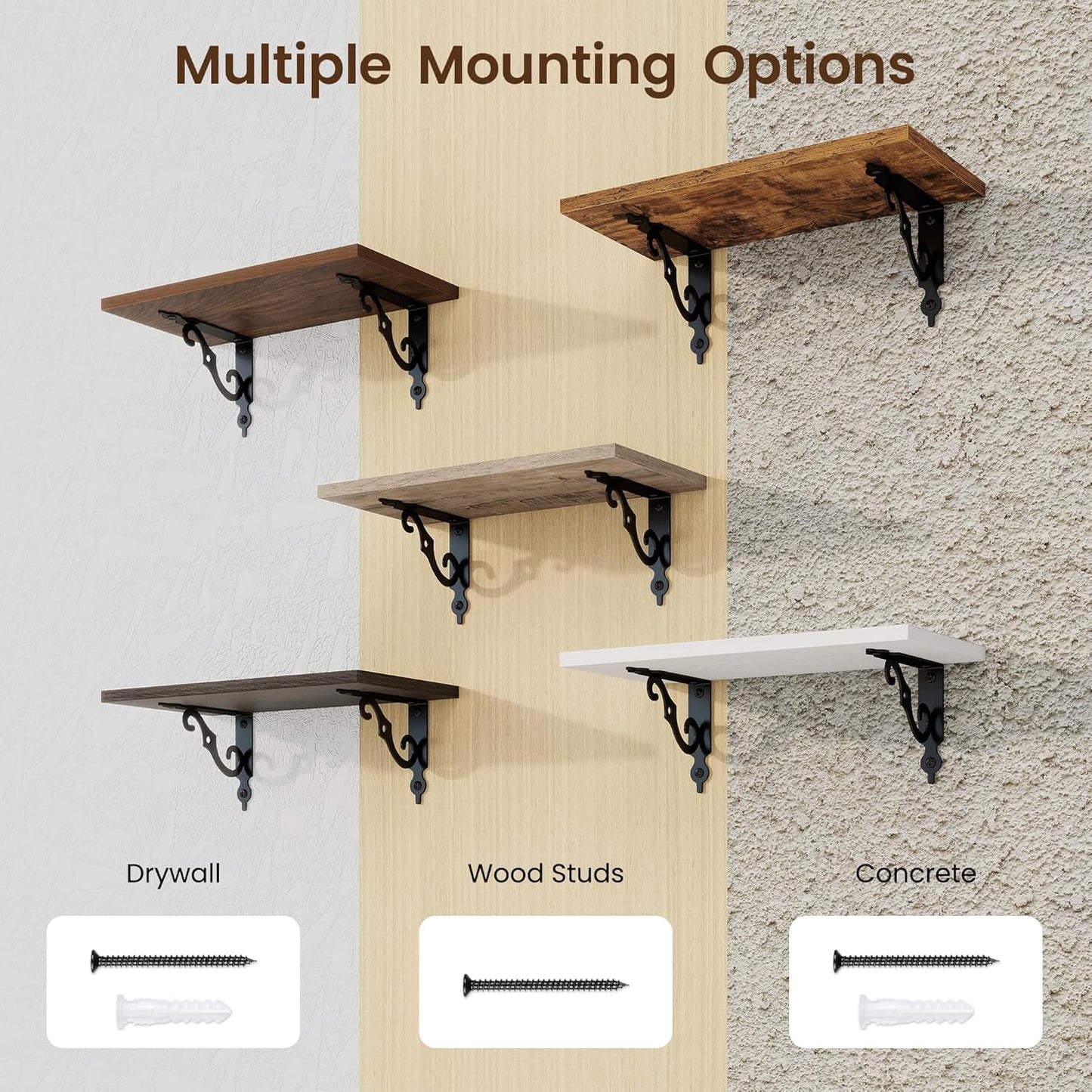 RICHFOCUS Floating Shelves for Wall Decor, 8 Inch Deep Wall Shelves Set of 2, 16W x 8D White Floating Shelves Wall Mounted with Metal Brackets, Rustic Wood Shelves for Living Room Bedroom Kitchen