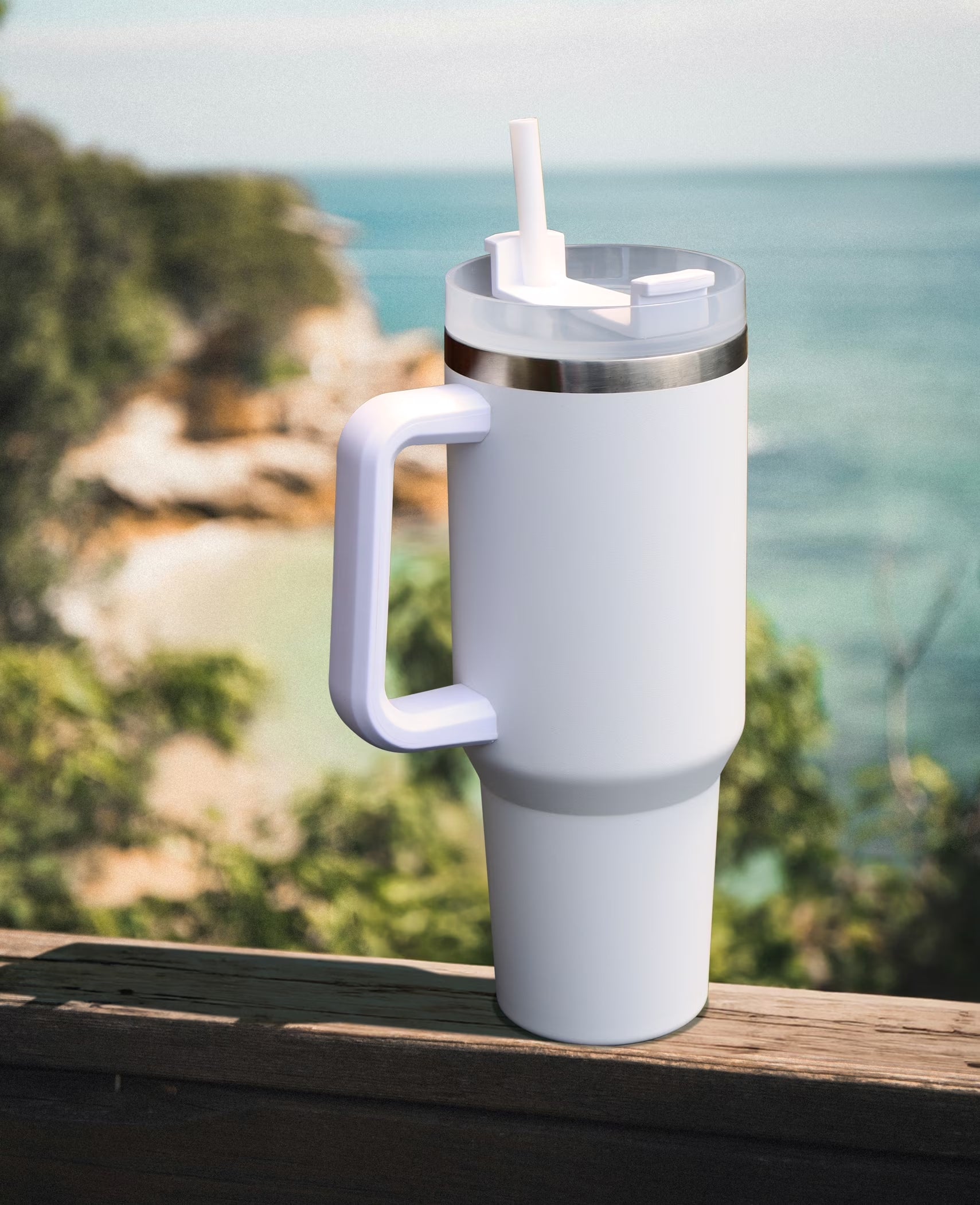 40 Oz Stainless Steel Tumbler with Straw and Handle, Double Wall Insulated, White