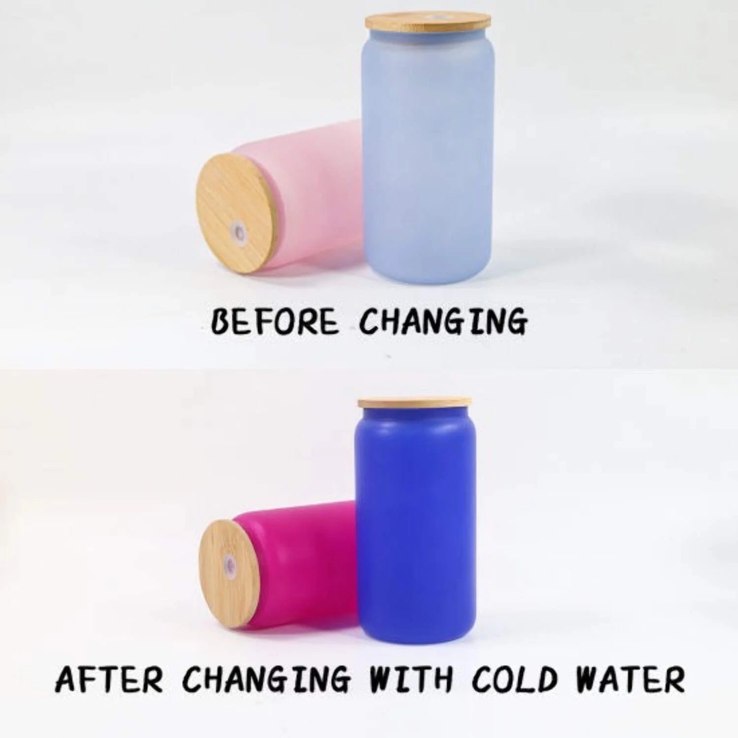 16Oz Blank Sublimation Color Changing Glass Jar Cans Tumblers (Includes Bamboo Lid Straw)
