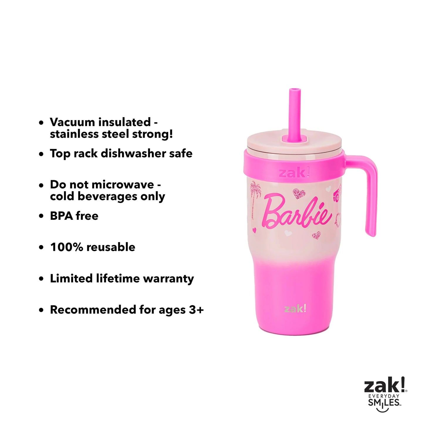 18Oz Barbie Kids Straw Handle Tumbler, Stainless Steel Vacuum Insulated Cruiser Tumbler with Silicone Straw Utilizing Leak-Proof Valve, Travel Straw Tumbler with Handle