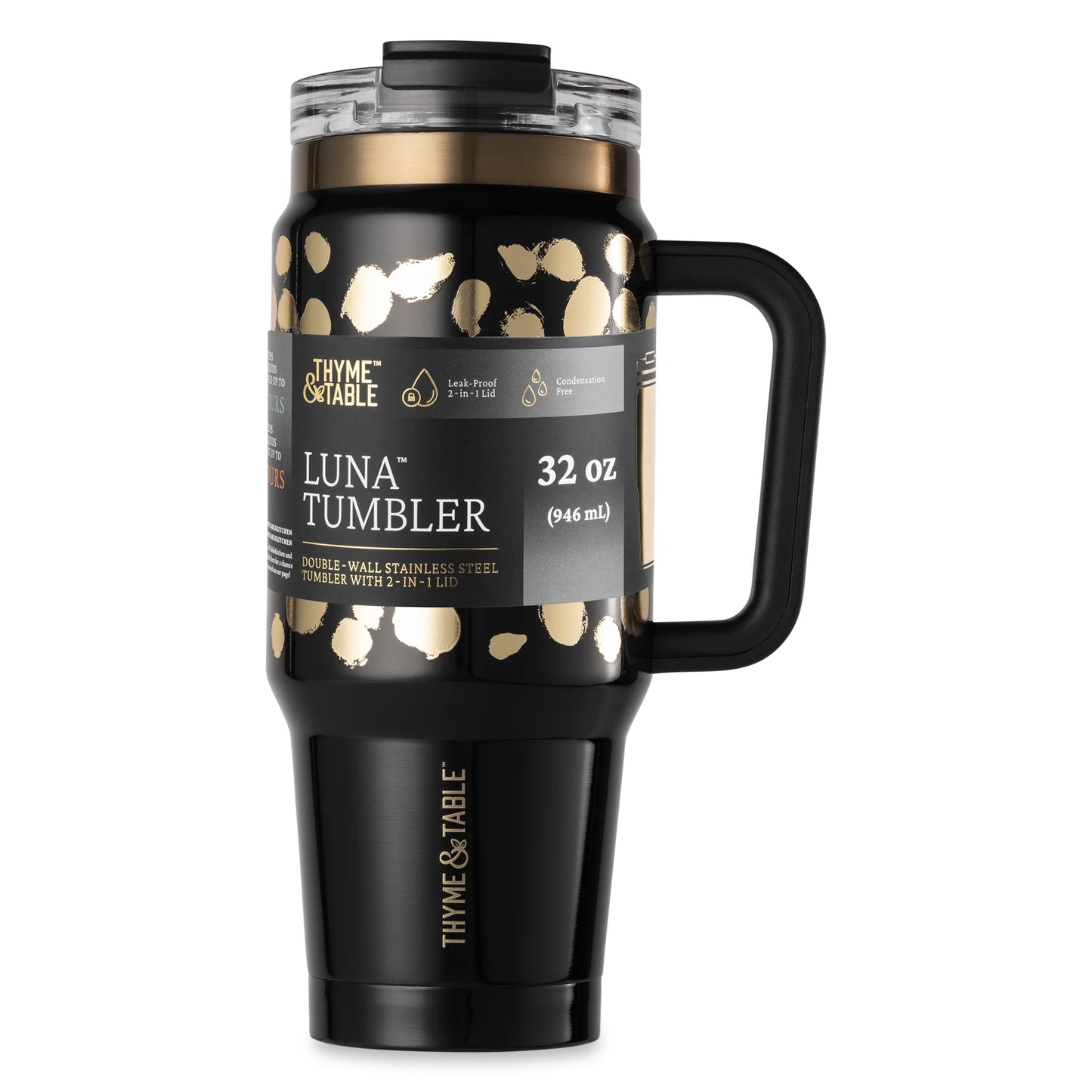 32 Fl Oz Stainless Steel Luna Tumbler with Handle and Dual Straw Lid, Black & Gold Dot