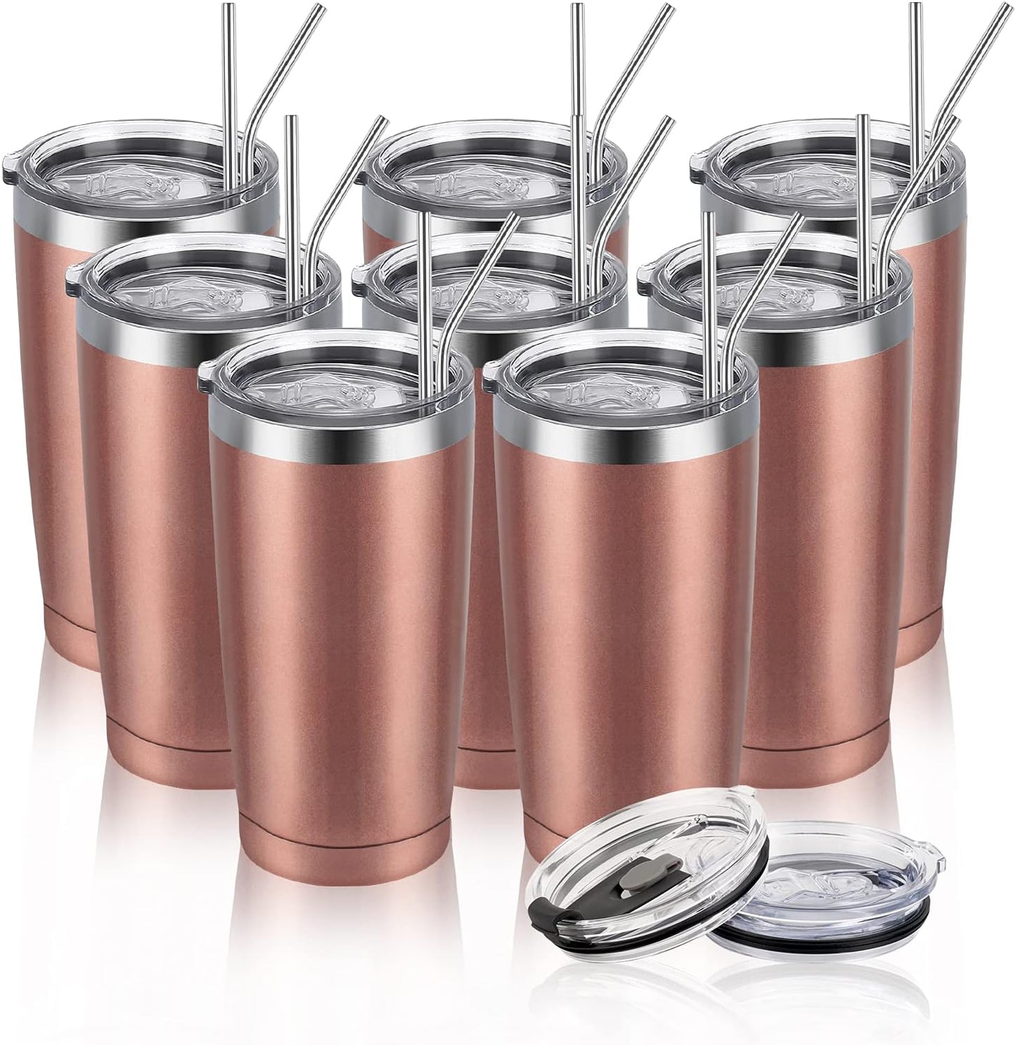 8 Pack Stainless Steel Travel Tumbler, 20 Oz Insulated Tumbler with Lid Straw, Double Wall Travel Tumbler for Home Office Picnic, Vacuum Insulated Coffee Tumbler Cup for Hot Cold Drinks, Rose Gold