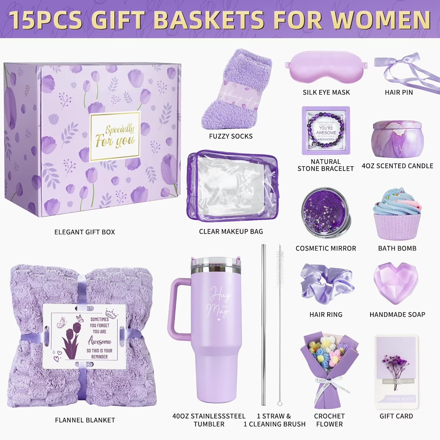 15Pcs Birthday Gifts for Women, Relaxing Spa Gifts Baskets for Her, Care Package with Luxury Flannel Blanket and 40 Oz Tumbler, Valentines, Mothers Day, Women'S Gift for Mom, Wife, Friends