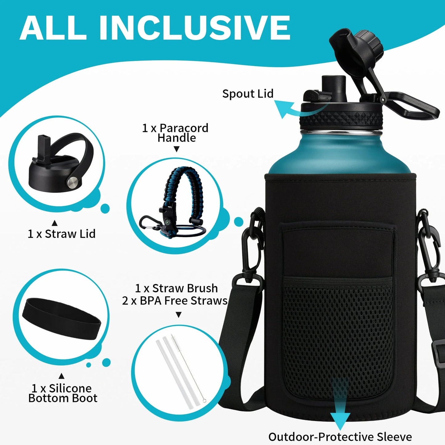 Half Gallon Water Bottle with Straw & Spout Lid, Carrying Pouch, Paracord Handle, 64Oz Water Bottle Triple Wall Thermal Sweat-Proof Gallon Water Jug