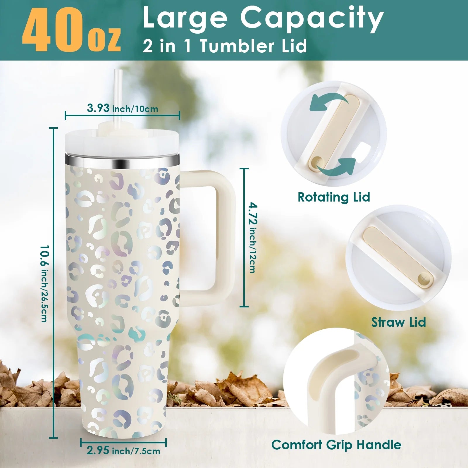 40 Oz Tumbler with Handle and Straw, Travel Mug for Car, 2-In-1 Lid Stainless Steel Tumblers