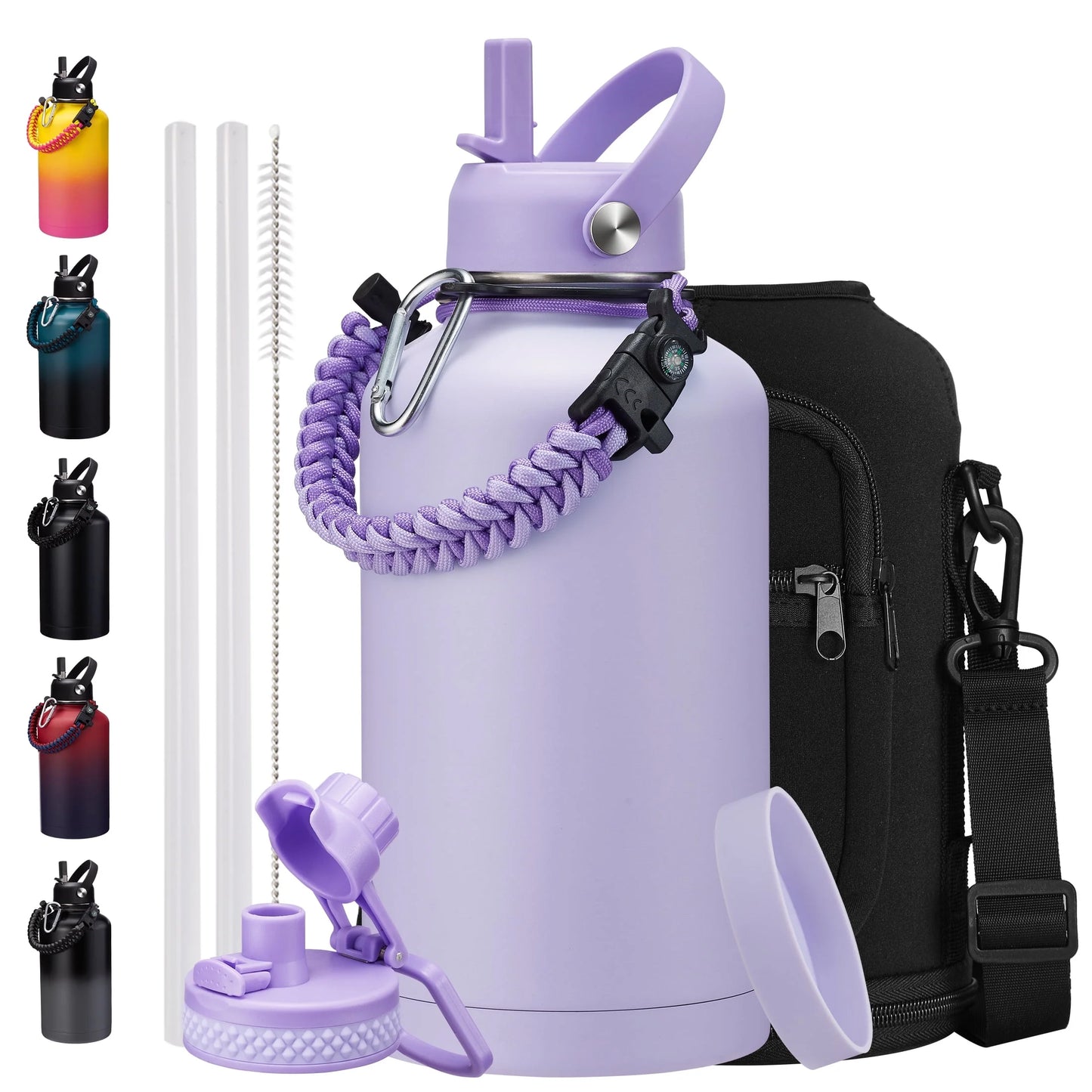 64 Oz Water Bottle Insulated Cold-48H Hot-24H, Stainless Steel Half Gallon Water Jug with Straw, Pop-Up Chug Lid, Carrier Bag, Paracord Handle, Leak-Proof Metal Flask