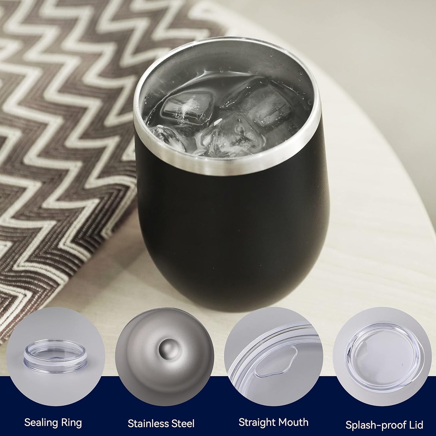 Stainless Steel Wine Tumbler Bulk with Lid, Personalized Insulated Tumblers Set, 12Oz Travel Coffee Cups Pack of 12, Black
