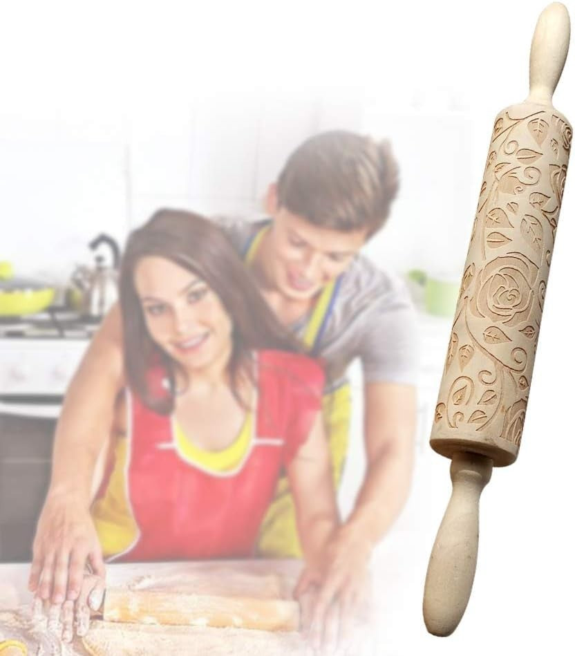 Wooden Rolling Pin, Rose Flower Embossed Engraved Carved Rolling Pin, Valenti...