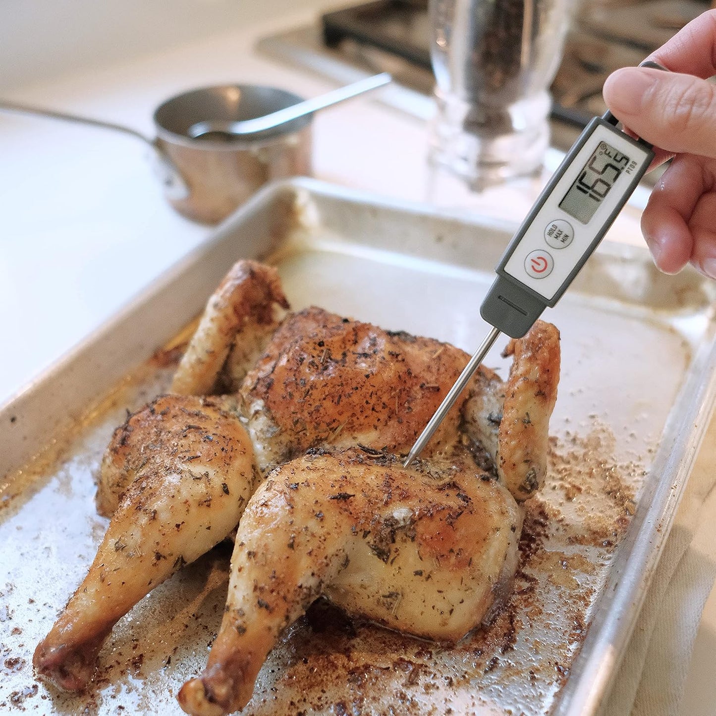 Lavatools PT09 Super-Quick Commercial Grade Digital Thermometer for Cooking, Meat, Candy, Candle, Liquid, Oil, 4.5" Compact Probe, Splash Proof, °C/°F Toggle, Hold Function - Sesame