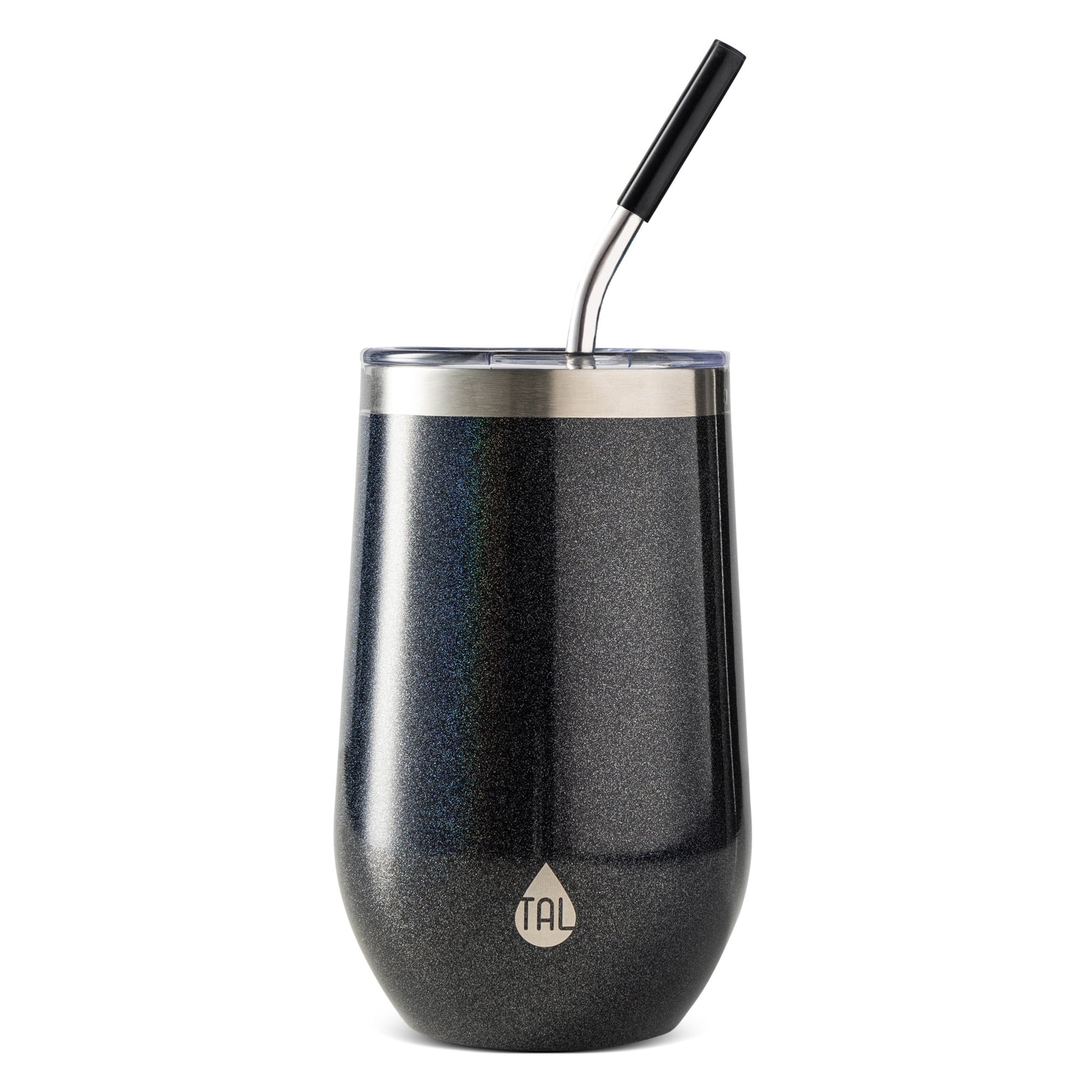 16Oz Stainless Steel Wine Tumbler with Straw, Black Shimmer
