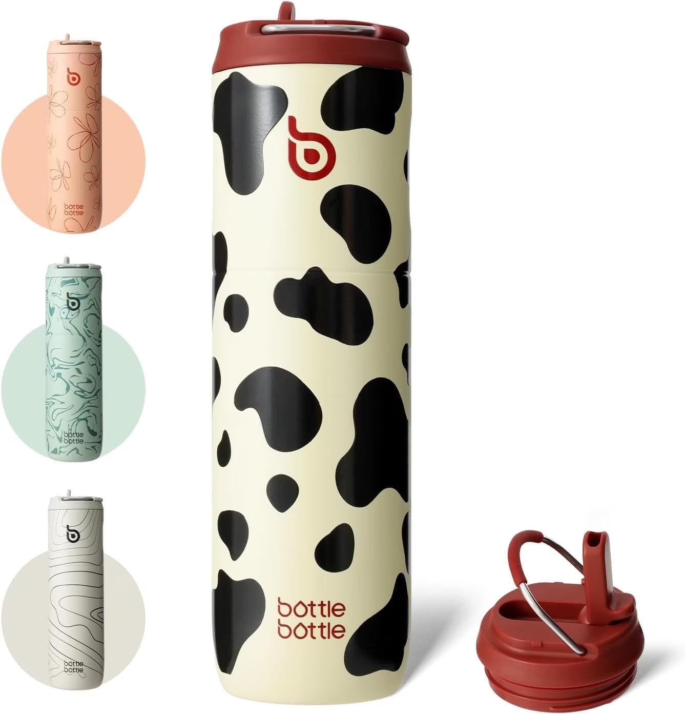 Insulated Water Bottle 24Oz with Straw Lid and Handle for Sports Travel Gym Stainless Steel Water Bottles Double-Wall Vacuum Metal Leak Proof Bpa-Free Light Cow