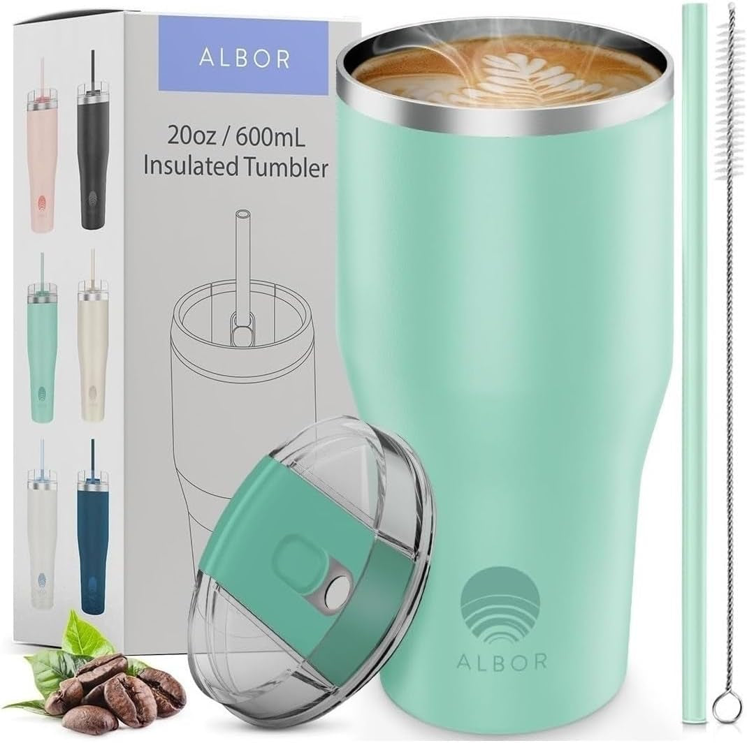 20 Oz Insulated Coffee Tumbler with Lid and Straw, Insulated Water Bottle, Stainless Steel Tumbler, Leak Proof Water Bottle, Travel Coffee Mug (Mint, 20 Oz)
