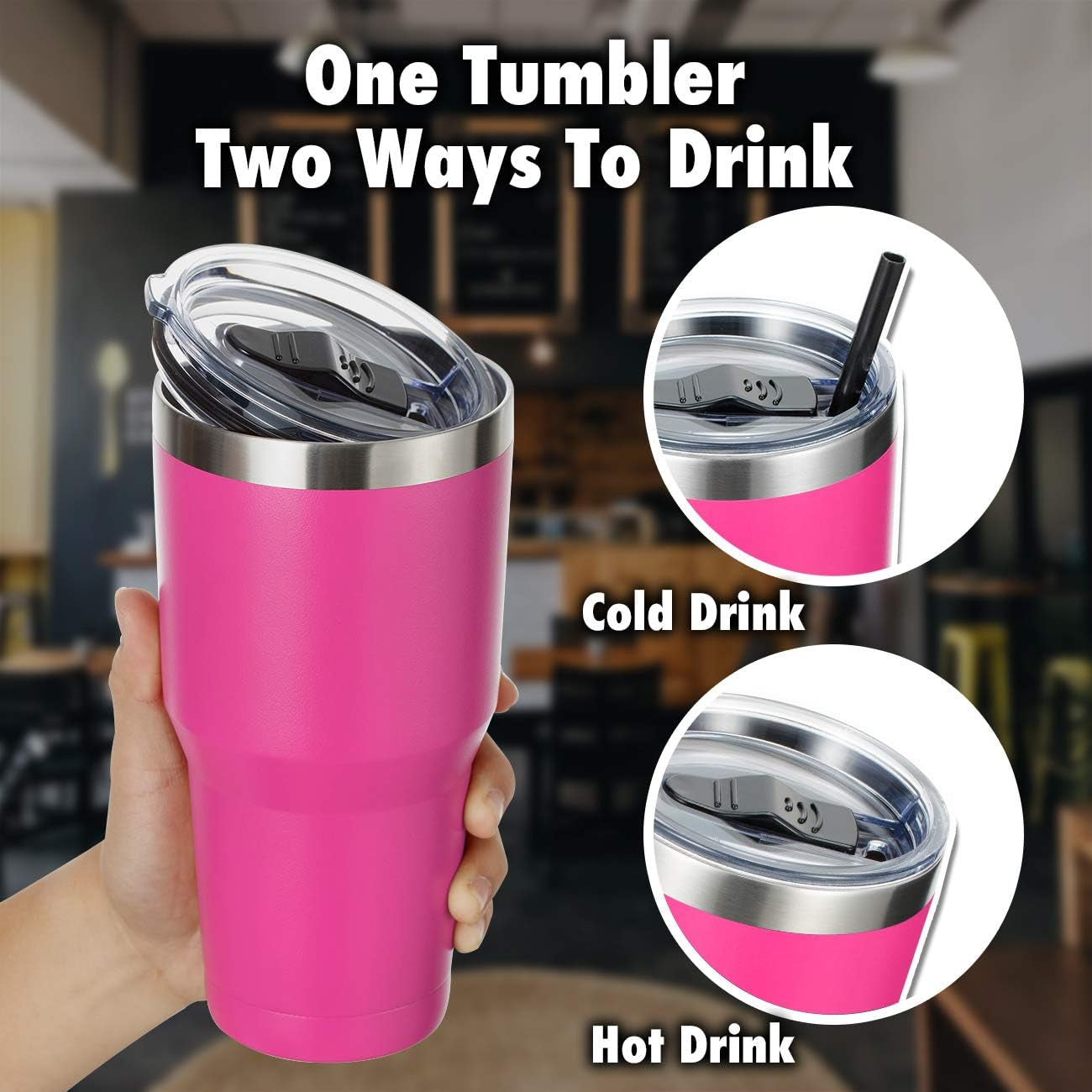 30Oz Stainless Steel Tumbler, Insulated Coffee Tumbler Cup with Lid and Straw, Double Walled Travel Coffee Mug for Hot & Cold Drinks (Bright Pink, 1 Pack)