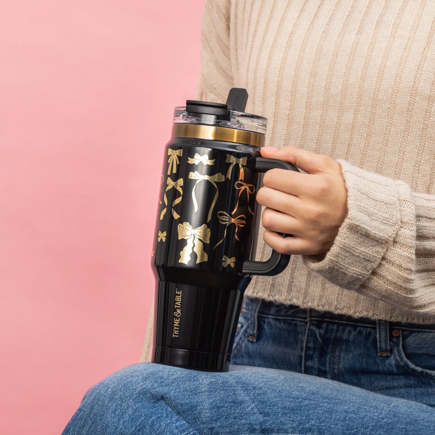 32 Fl Oz Stainless Steel Luna Tumbler with Handle and Dual Straw Lid, Black & Gold Bows