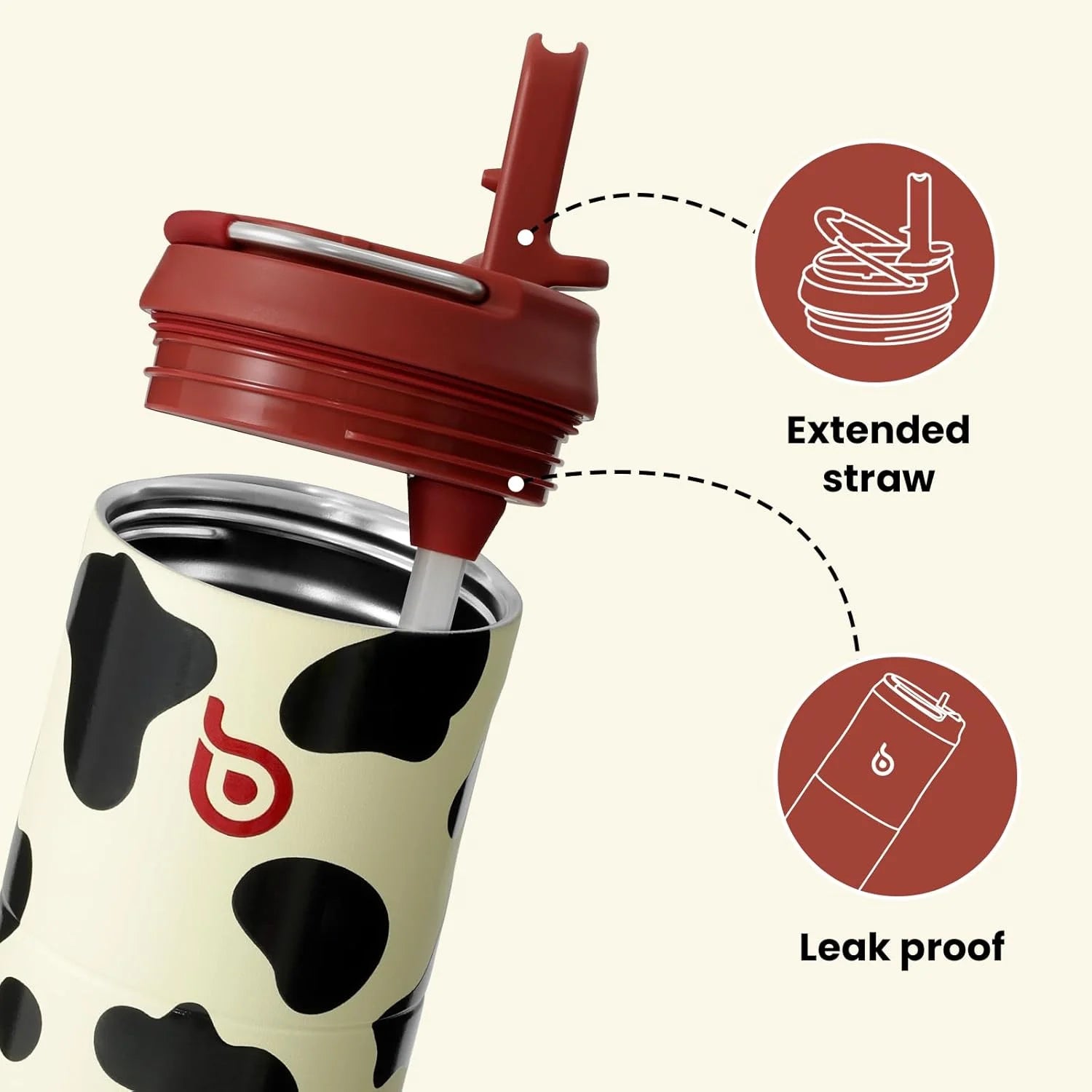 Insulated Water Bottle 24Oz with Straw Lid and Handle for Sports Travel Gym Stainless Steel Water Bottles Double-Wall Vacuum Metal Leak Proof Bpa-Free Light Cow
