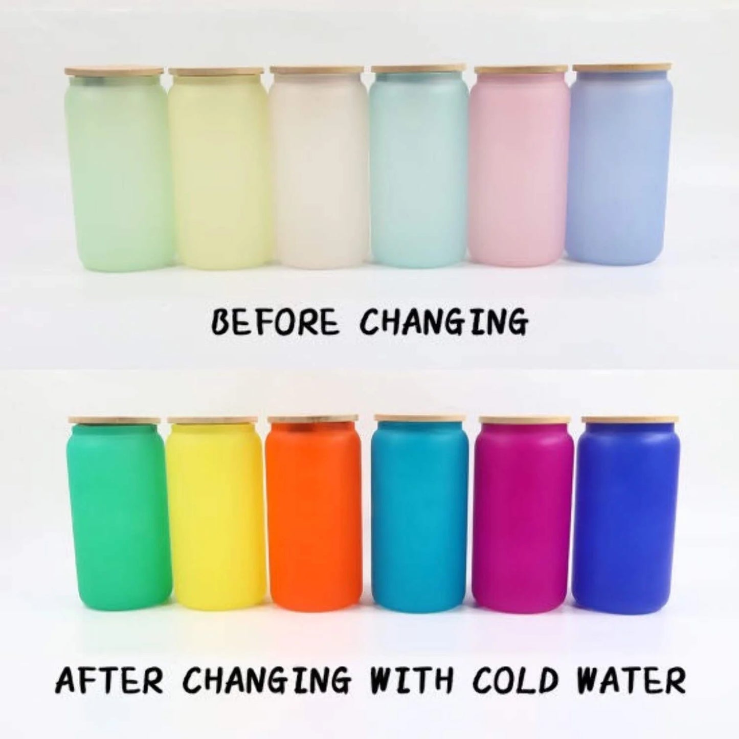 16Oz Blank Sublimation Color Changing Glass Jar Cans Tumblers (Includes Bamboo Lid Straw)