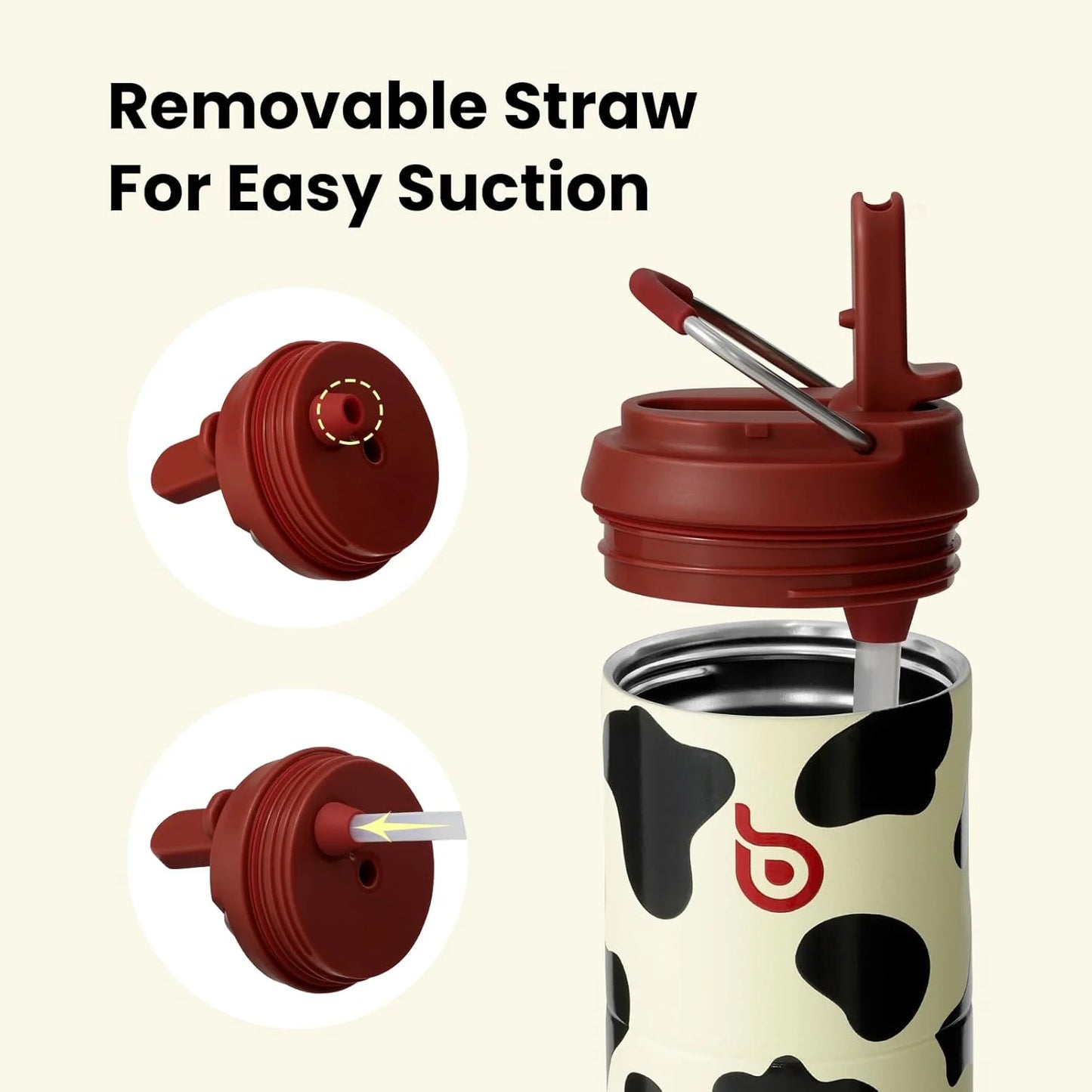 Insulated Water Bottle 24Oz with Straw Lid and Handle for Sports Travel Gym Stainless Steel Water Bottles Double-Wall Vacuum Metal Leak Proof Bpa-Free Light Cow