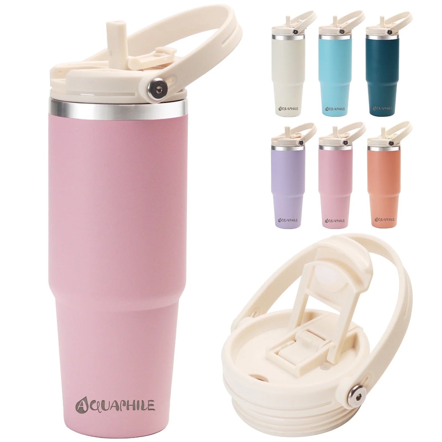 30 Oz Insulated Water Bottles with Straw Lid, Double Walled Vacuum Stainless Steel Travel Tumbler with Handle and Straw, Wide Mouth Thermos Bottle, Pink
