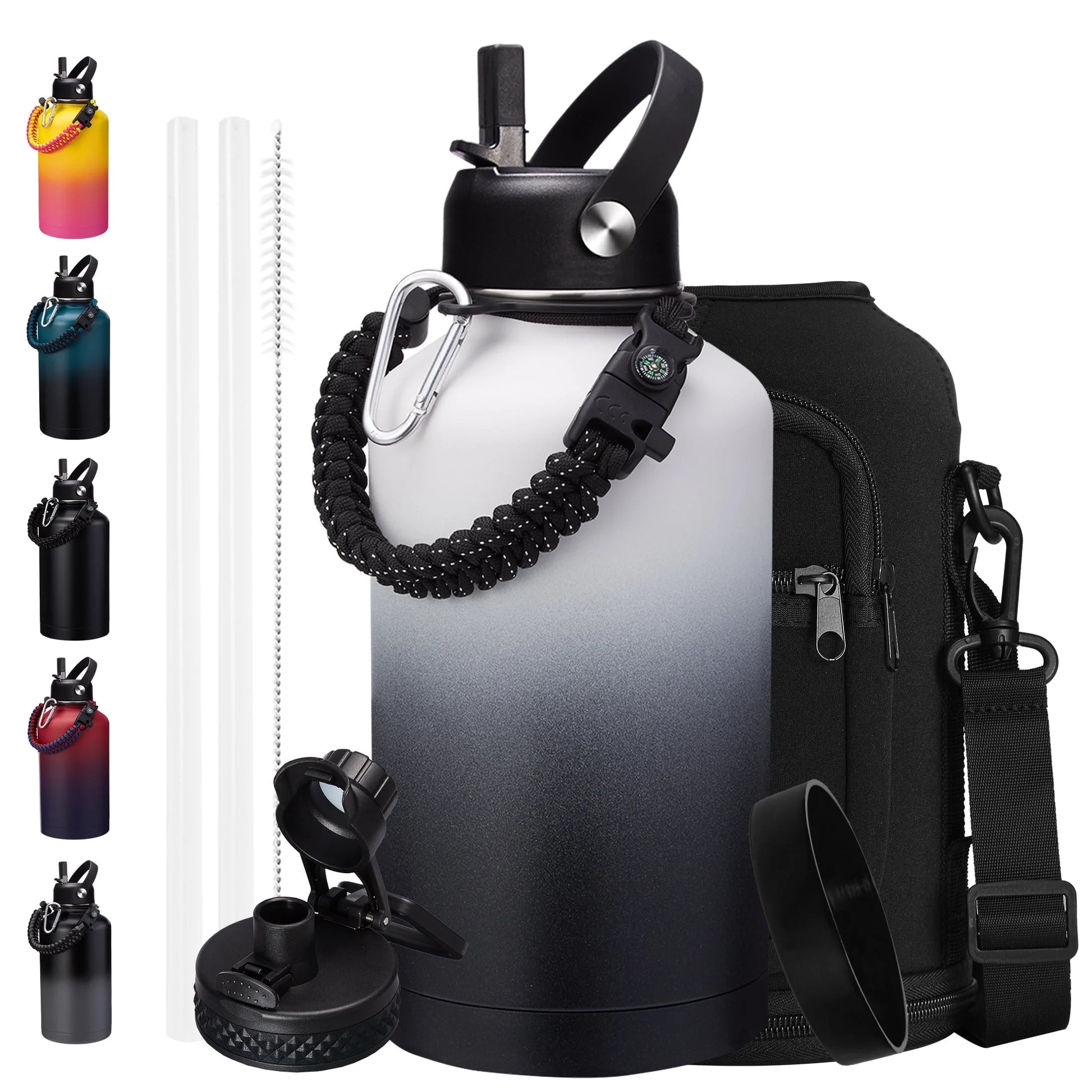 Half Gallon Water Bottle with Straw - Auto Spout Lids, Carrier Holder, Paracord Handle, 64Oz Vacuum Insulated Water Bottle Keep Cold 48H Hot 24H, Sweat-Proof 2 Liter Stainless Steel Water Jug