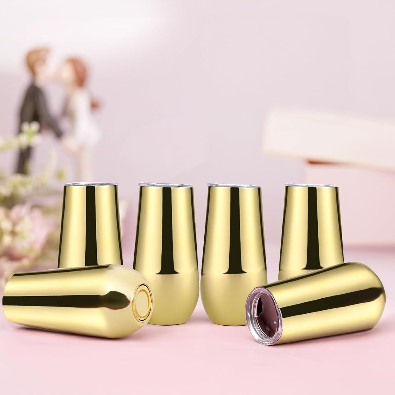 6 Pack Stemless Champagne Tumblers, 6Oz Insulated Stainless Steel Flute Glass for Wedding, Christmas Party, Bride Shower - Gold