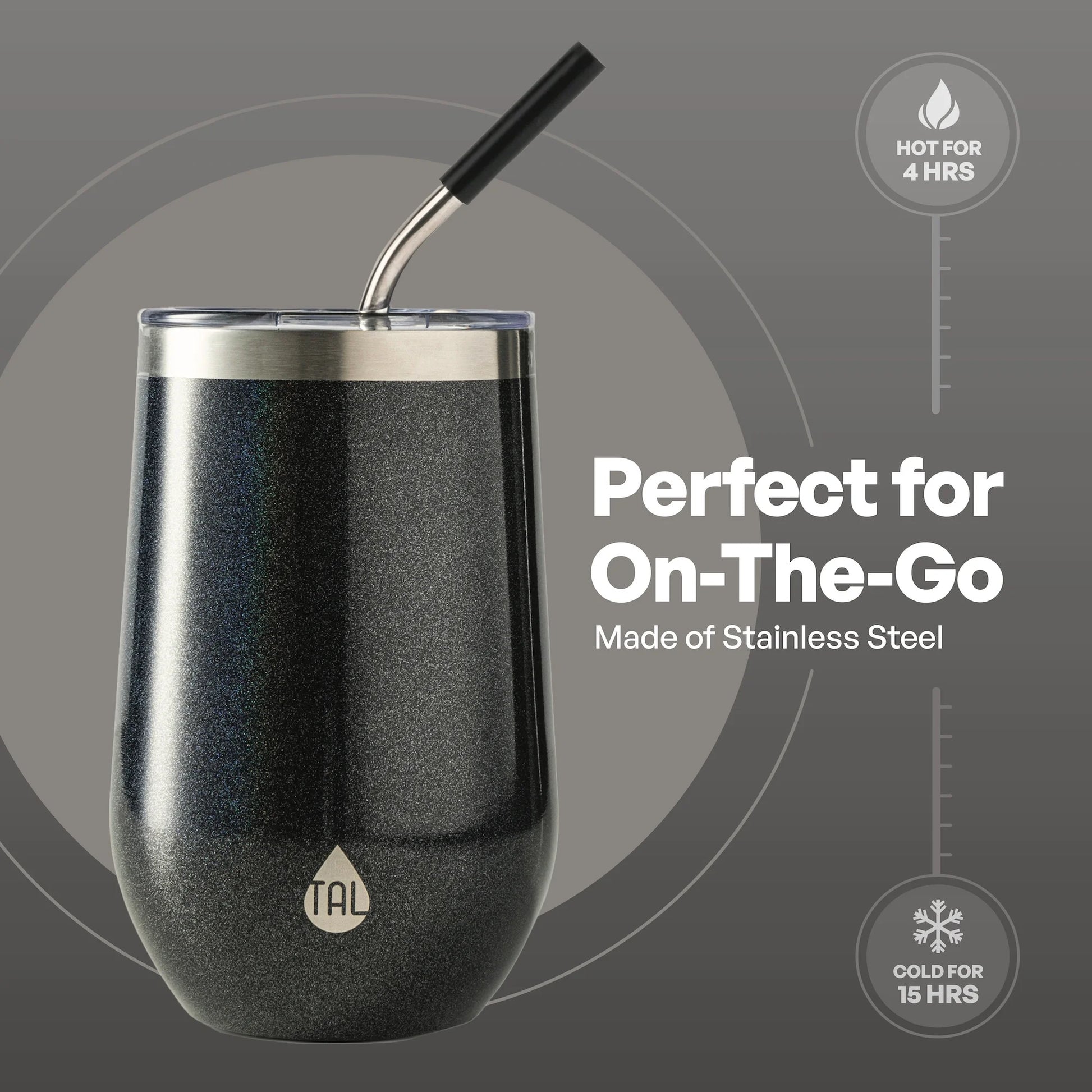 16Oz Stainless Steel Wine Tumbler with Straw, Black Shimmer