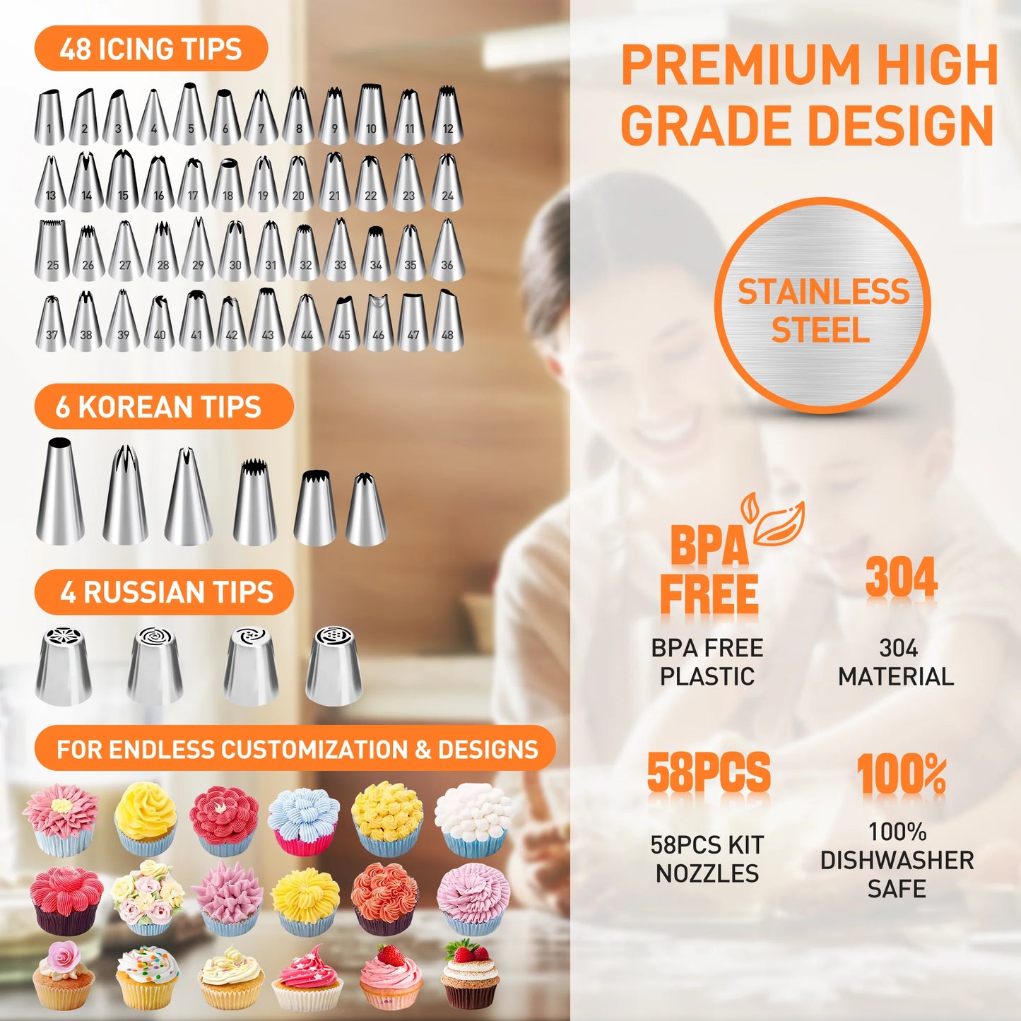 352 Pcs Decorating Supplies Kit , Cake Decorating Kit with 48 Numbered Piping and 6 Korean Tips, Cupcake Decorating Kit with 100 Icing Bags ,Cake Baking Supplies with Non-Slip Rotating Turntable