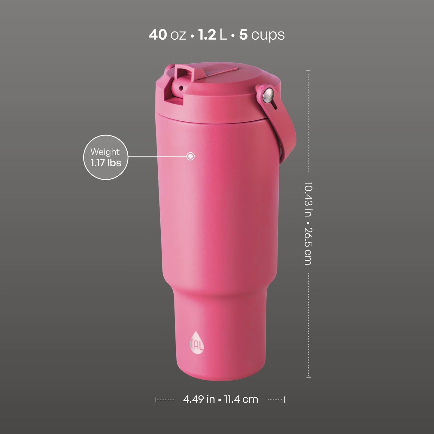 40Oz Stainless Steel Hudson Tumbler with Flip-Up Straw, Bright Pink