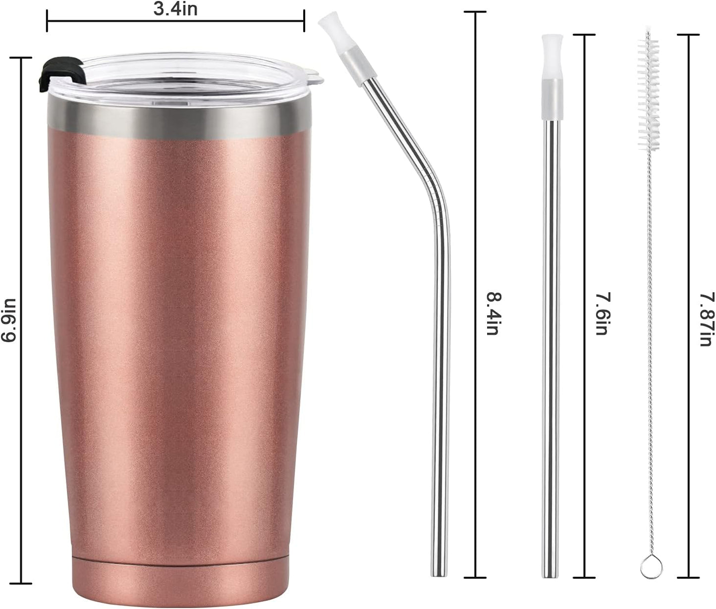 8 Pack Stainless Steel Travel Tumbler, 20 Oz Insulated Tumbler with Lid Straw, Double Wall Travel Tumbler for Home Office Picnic, Vacuum Insulated Coffee Tumbler Cup for Hot Cold Drinks, Rose Gold