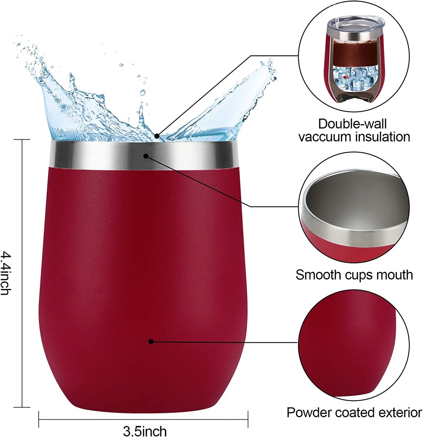 6 Pack Stainless Steel Wine Tumblers, 12Oz Insulated Wine Tumbler, Double Wall Insulated Wine Glass, Stainless Steel Stemless Wine Cups with Lids for Coffee, Wine, Cocktails, Champaign, Wine Red