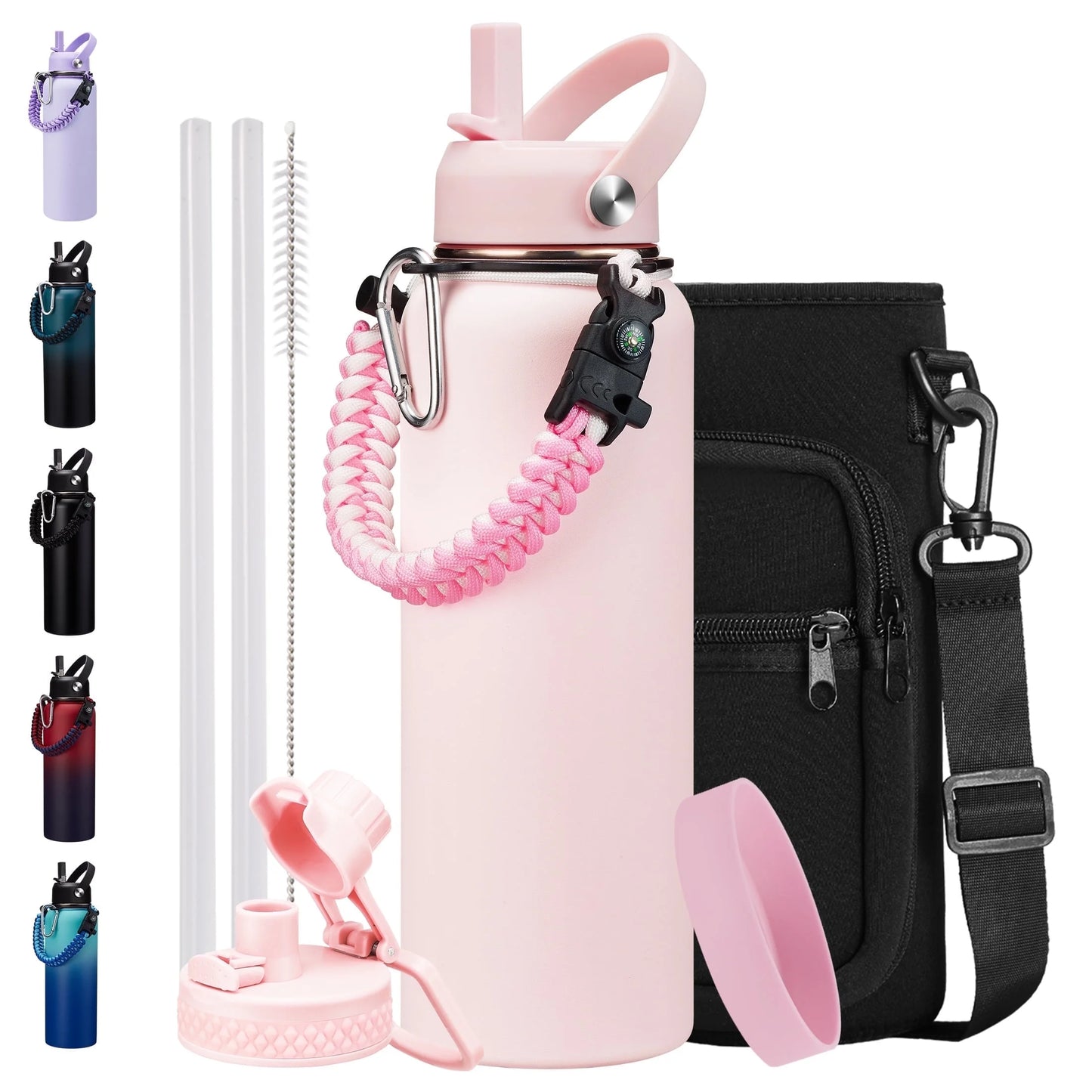 Pink 40 Oz Insulated Water Bottle with Straw Spout Lids, Stainless Steel Water Bottles Cold 48H, Wide Mouth Hydro Water Jug Metal Flask with Handle, Strap Carrier Bag for Women