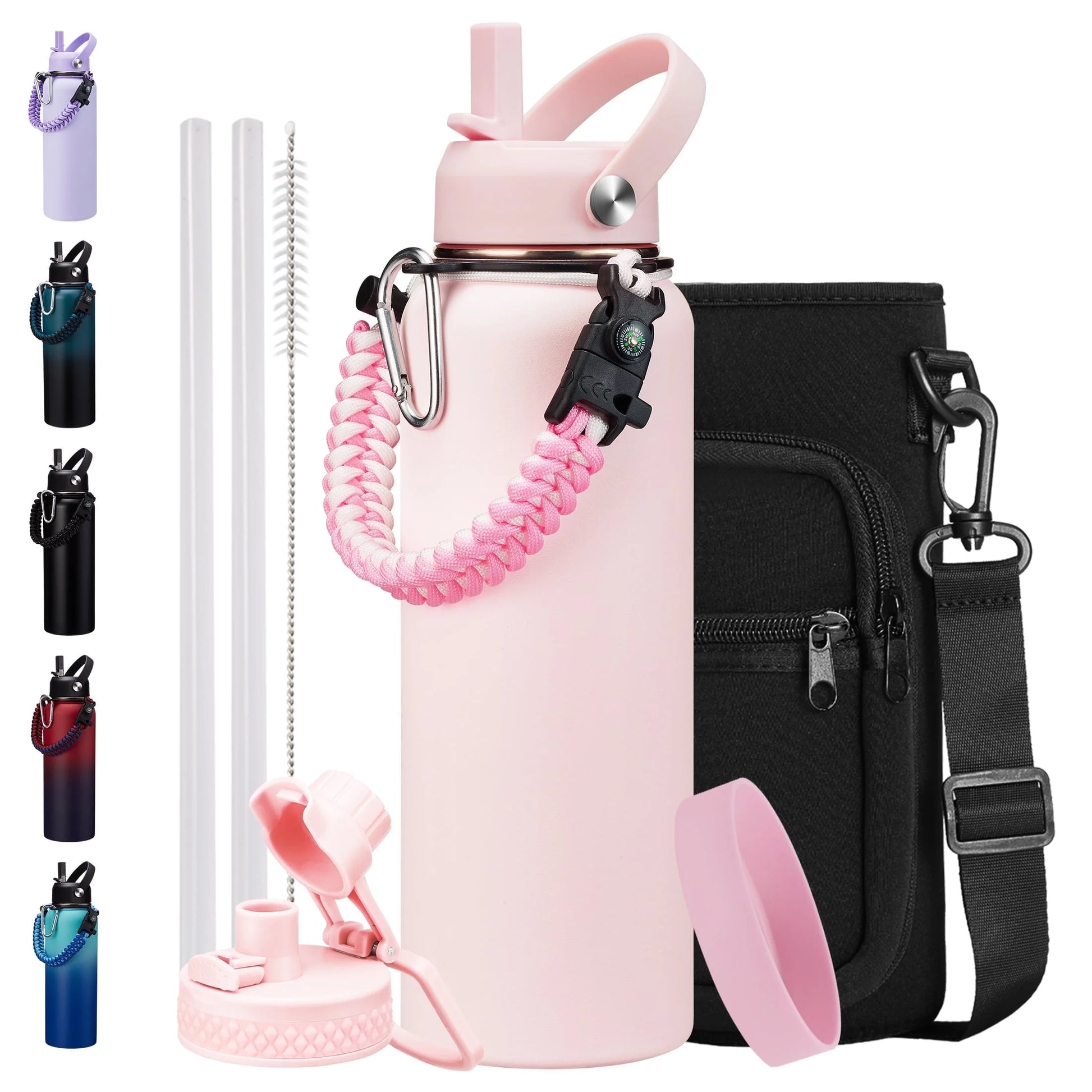 Pink 40 Oz Insulated Water Bottle with Straw Spout Lids, Stainless Steel Water Bottles Cold 48H, Wide Mouth Hydro Water Jug Metal Flask with Handle, Strap Carrier Bag for Women
