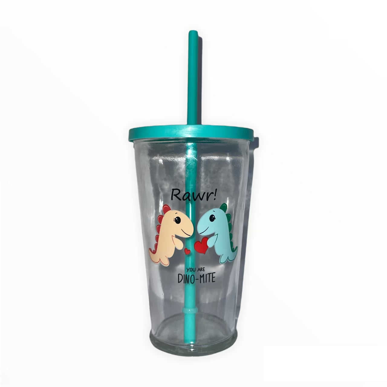 16Oz Glass Tumbler with Straw Rawr! You Are Dino-Mite