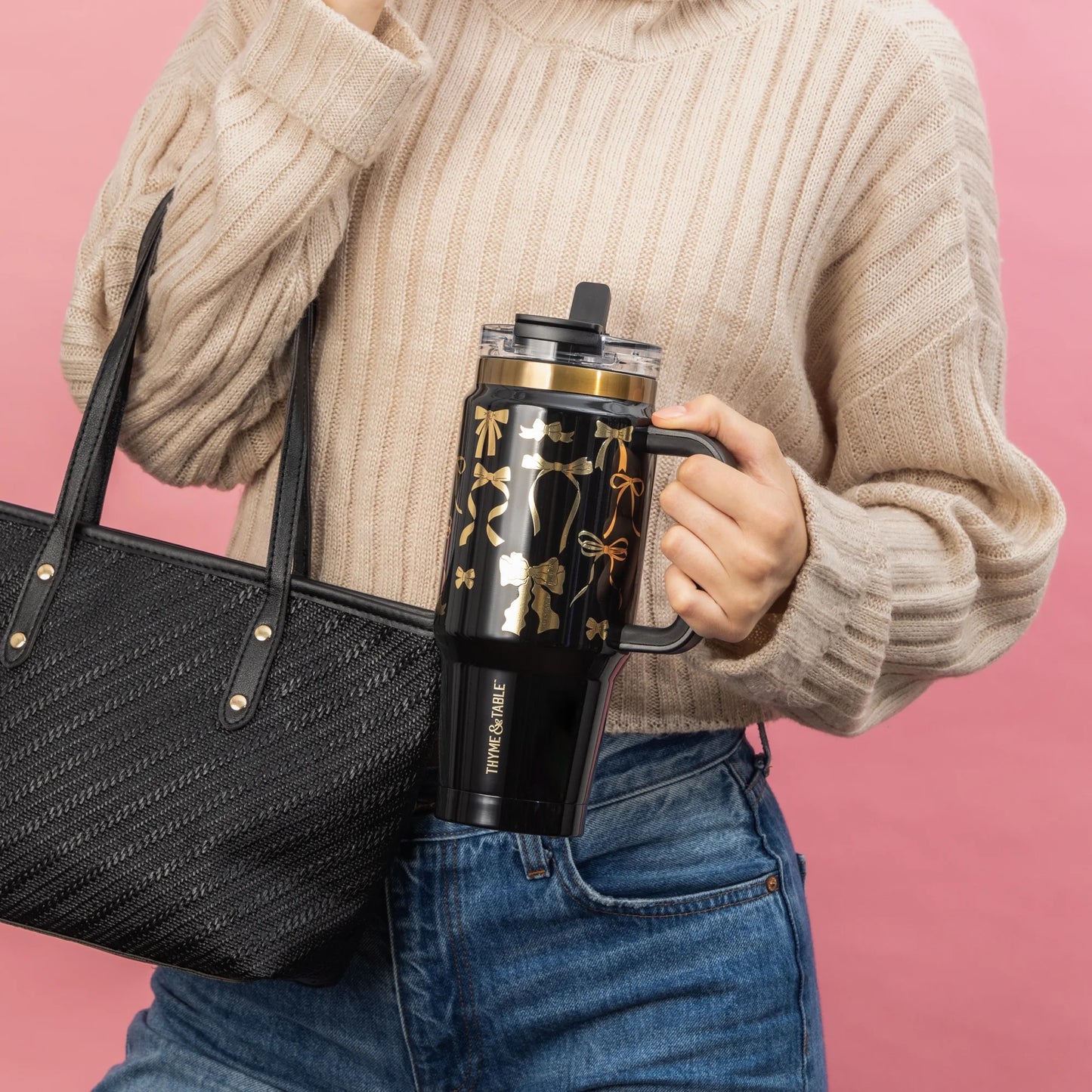 32 Fl Oz Stainless Steel Luna Tumbler with Handle and Dual Straw Lid, Black & Gold Bows