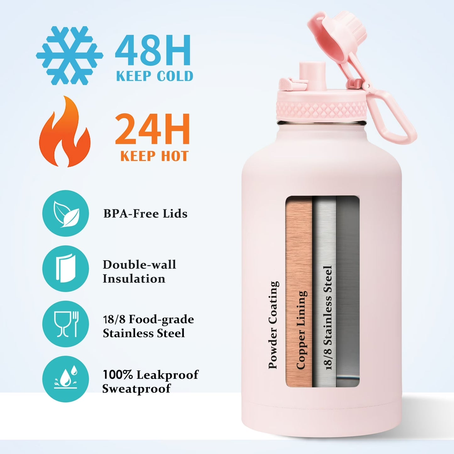 Half Gallon Water Bottle Insulated, Stainless Steel (Cold 48H), 64 Oz Water Jug with Paracord Handle, Straw Spout Lids, Carrier Case, Leak-Proof Metal Flask for Women