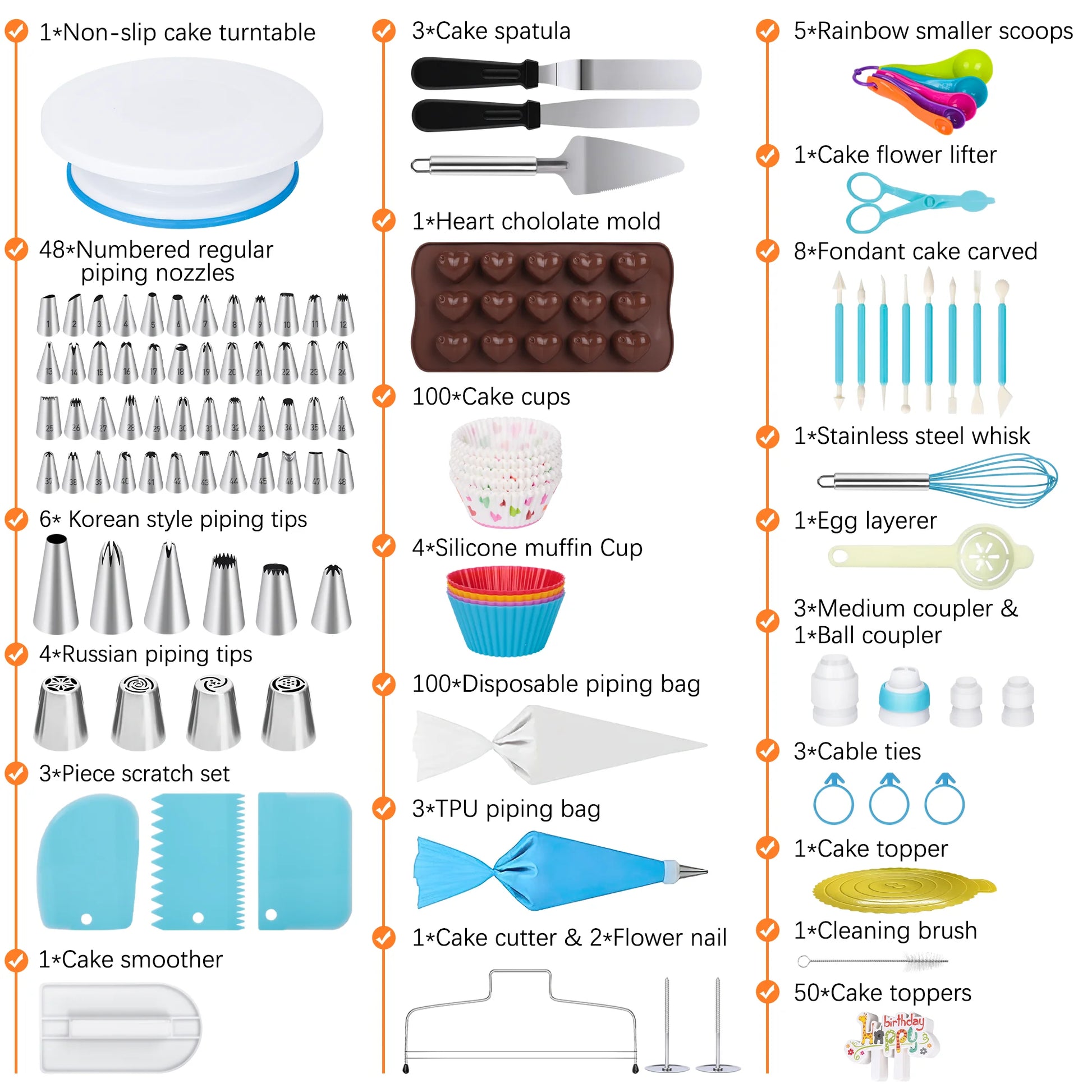 352 Pcs Decorating Supplies Kit , Cake Decorating Kit with 48 Numbered Piping and 6 Korean Tips, Cupcake Decorating Kit with 100 Icing Bags ,Cake Baking Supplies with Non-Slip Rotating Turntable