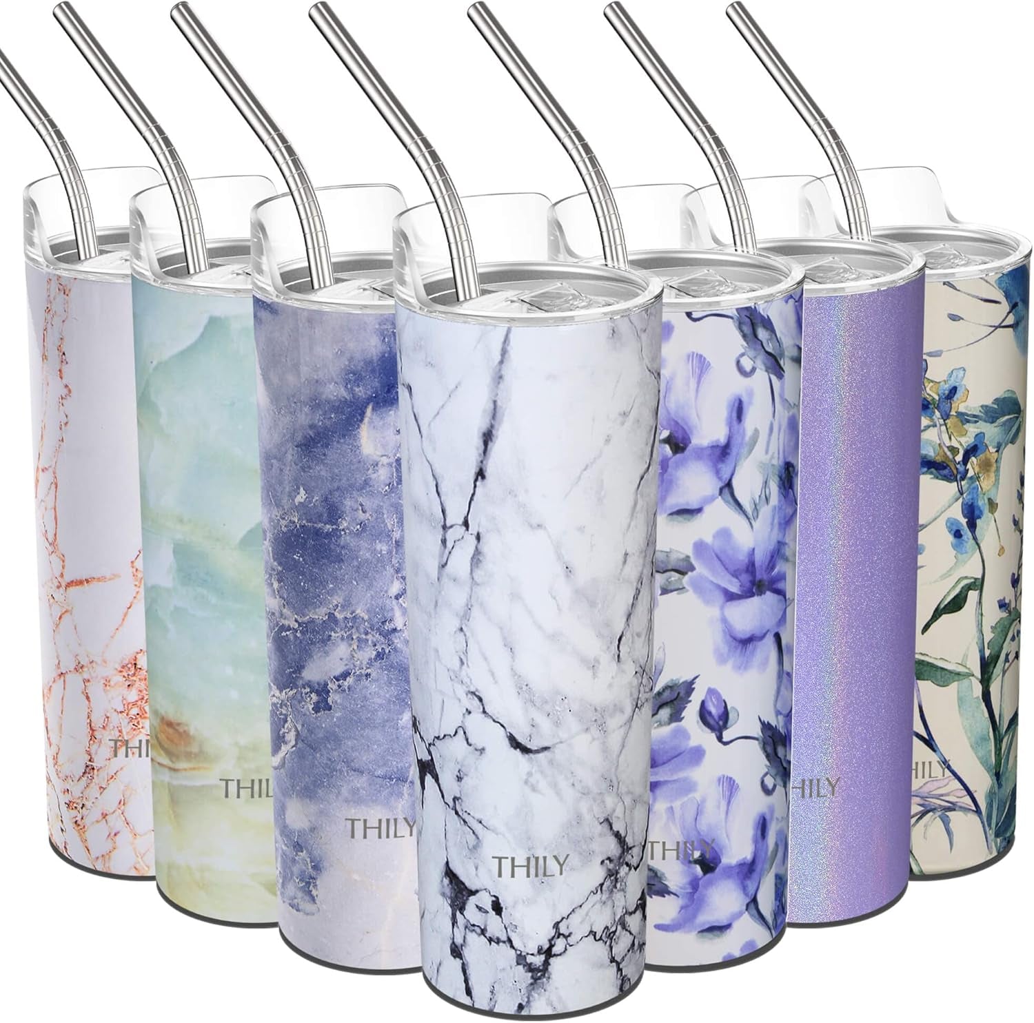 Stainless Steel Vacuum Insulated Tumbler 22 Oz Slim Coffee Cup with Lid and Straw, Spill-Proof, Keep Cold for Juice, Beverage, Christmas Gift, White Marble