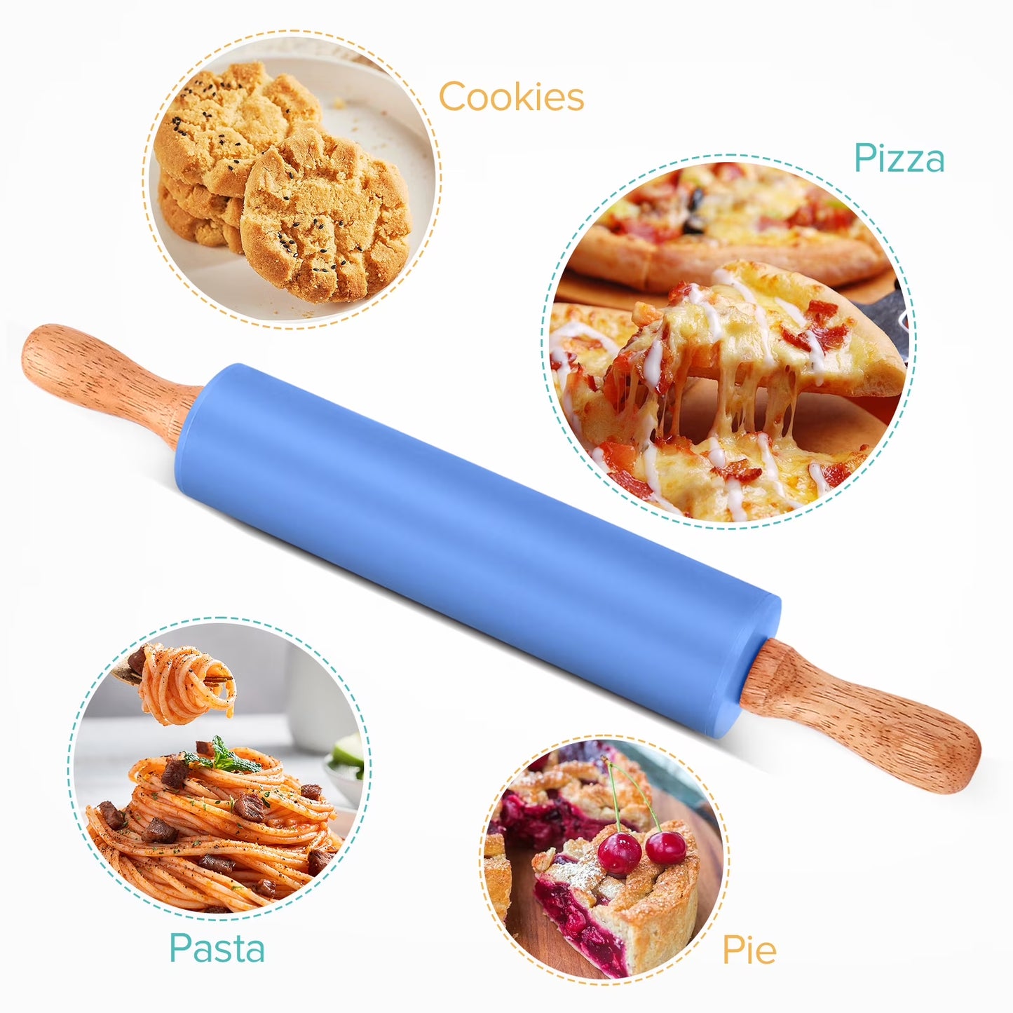Badiano 2 Pcs Non Stick Wooden Handle 9" 12" Silicone Rolling Pin Sets for Dough Pizza Pastry, Blue