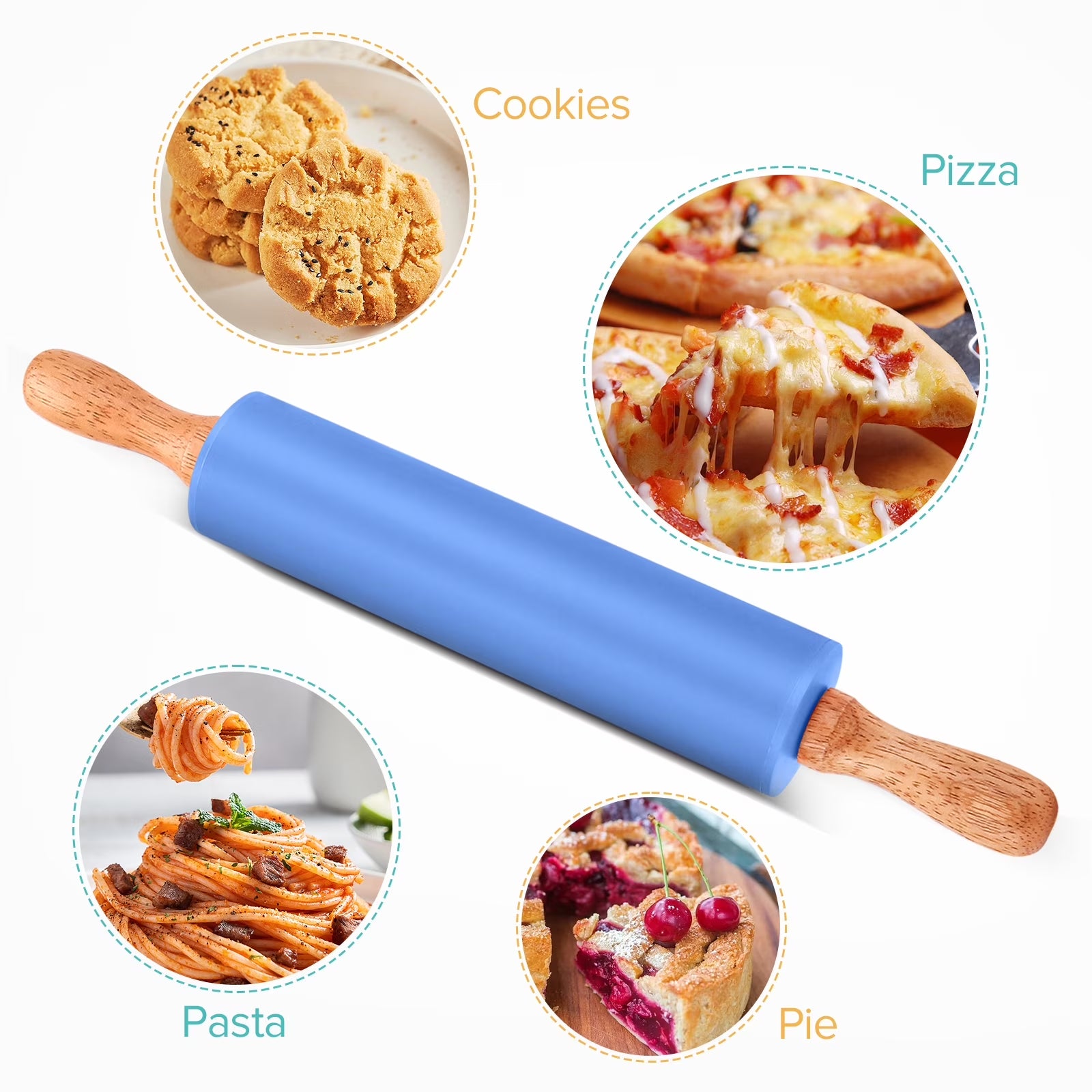 Badiano 2 Pcs Non Stick Wooden Handle 9" 12" Silicone Rolling Pin Sets for Dough Pizza Pastry, Blue