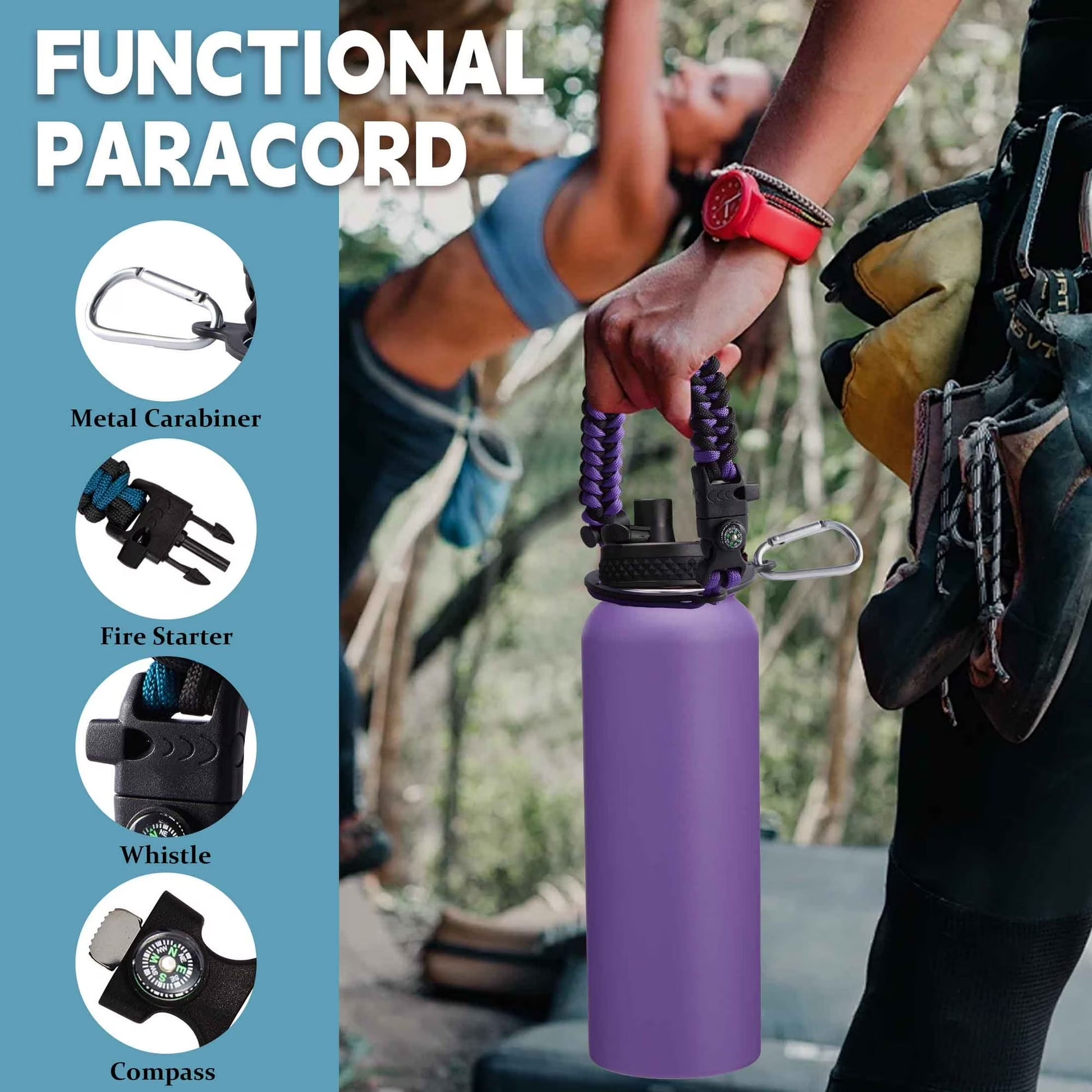 Insulated Water Bottle with Straw - 40 Oz Stainless Steel Water Bottle with Auto Spout Lid, Strap Carrier Bag, Paracord Handle, Protective Cup Mat, Leak-Proof Metal Jug Keep Cold 48H Hot 24H, Purple
