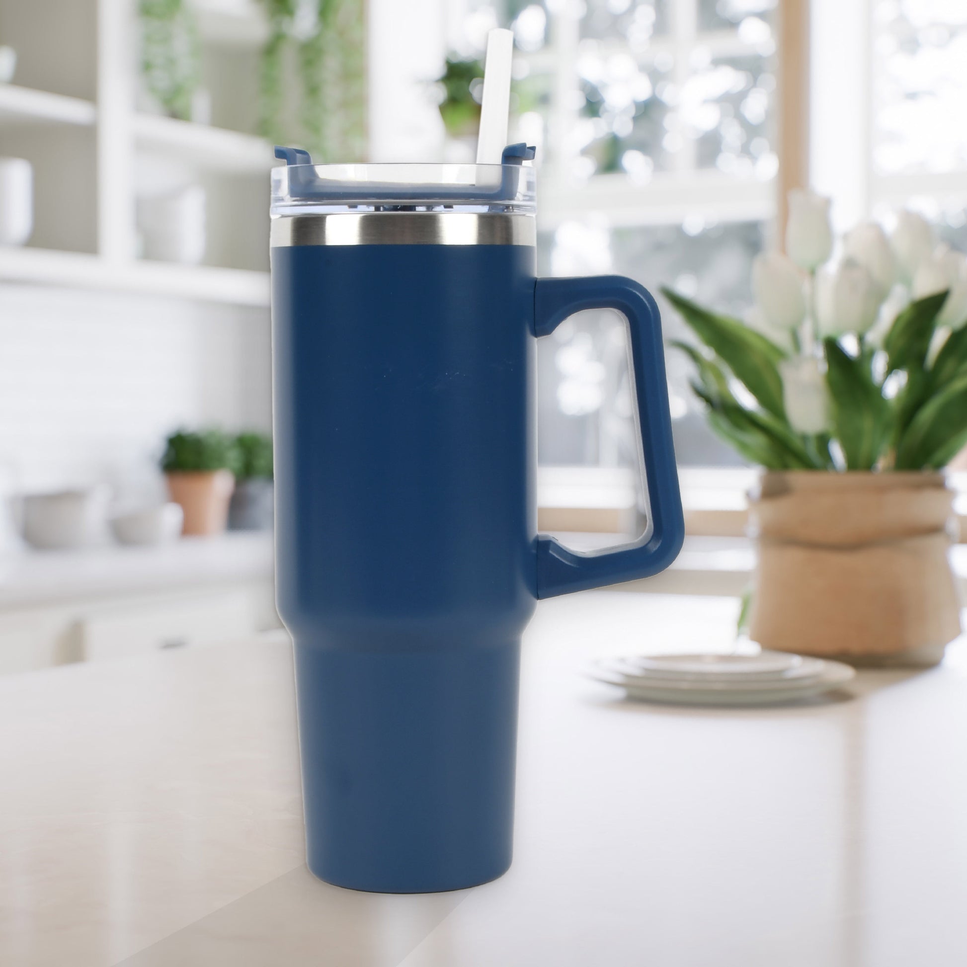 30 Oz Tumbler Mug with Lid and Straw, Reusable Insulated Stainless Steel Tumbler for Iced & Hot Beverages, Blue