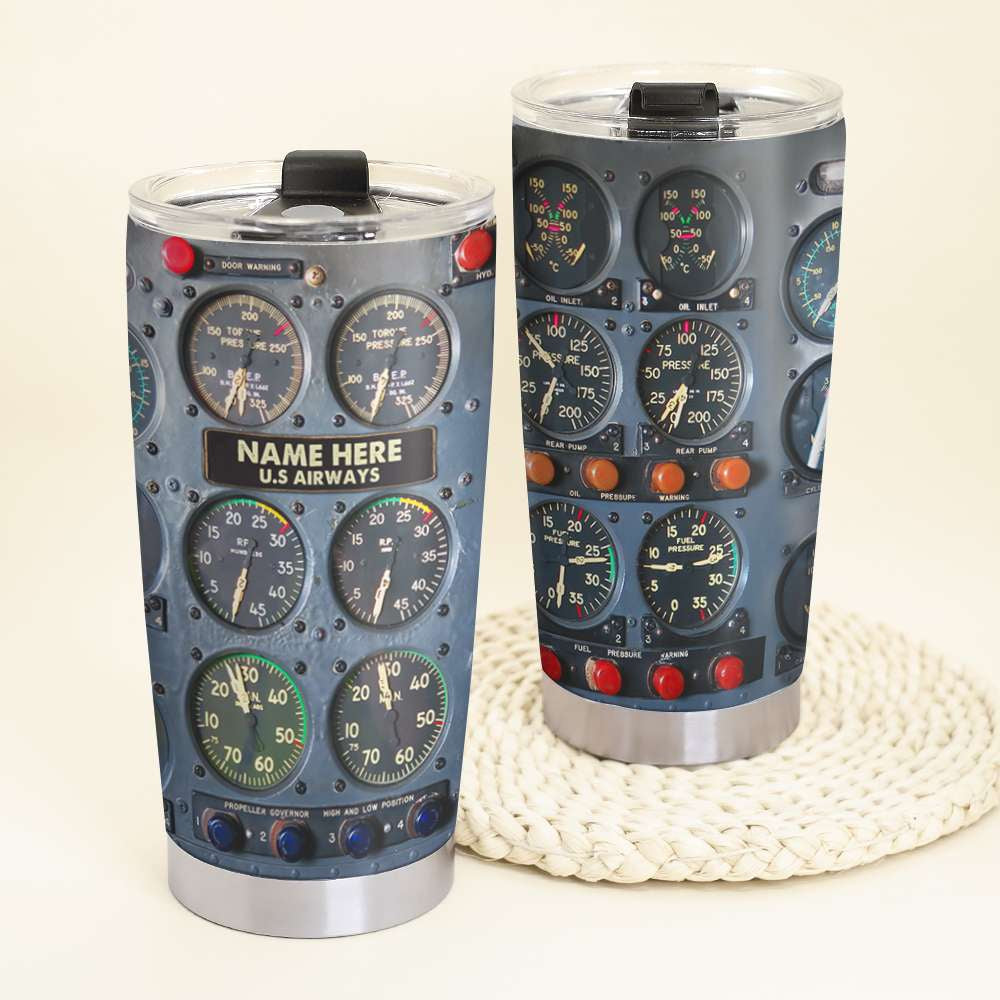 Custom Name Gifts for Pilot Tumbler Cup with Flight Instruments Panel