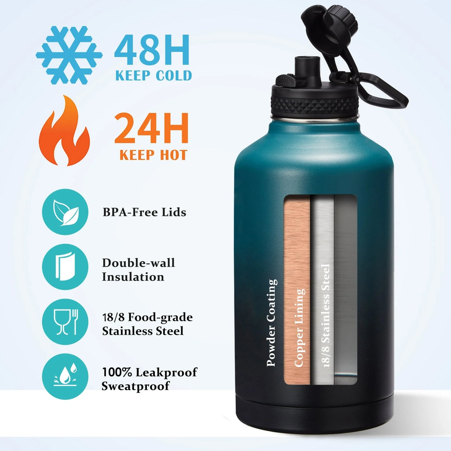 Half Gallon Water Bottle with Straw - Auto Spout Lids, Carrier Holder, Paracord Handle, 64Oz Vacuum Insulated Water Bottle Keep Cold 48H Hot 24H, Sweat-Proof 2 Liter Stainless Steel Water Jug