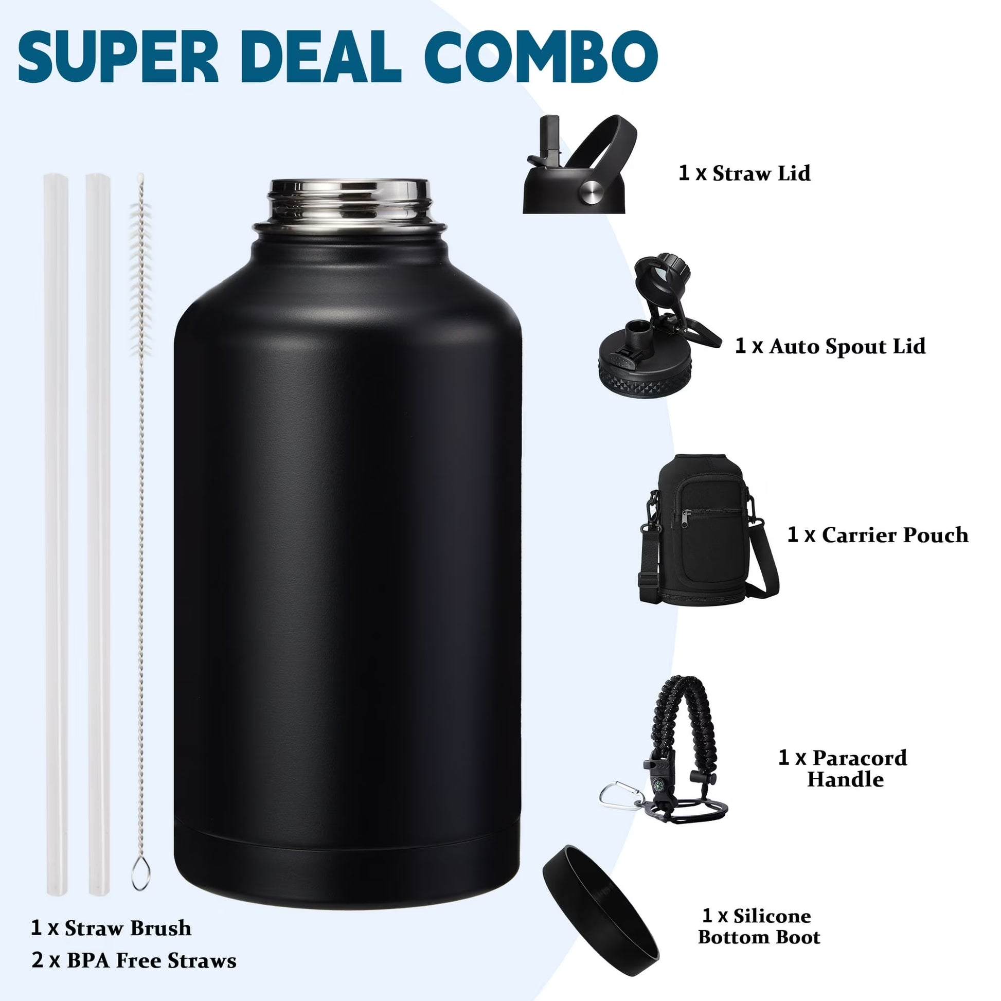 Half Gallon Water Bottle with Straw - Auto Spout Lids, Carrier Holder, Paracord Handle, 64Oz Vacuum Insulated Water Bottle Keep Cold 48H Hot 24H, Sweat-Proof 2 Liter Stainless Steel Water Jug
