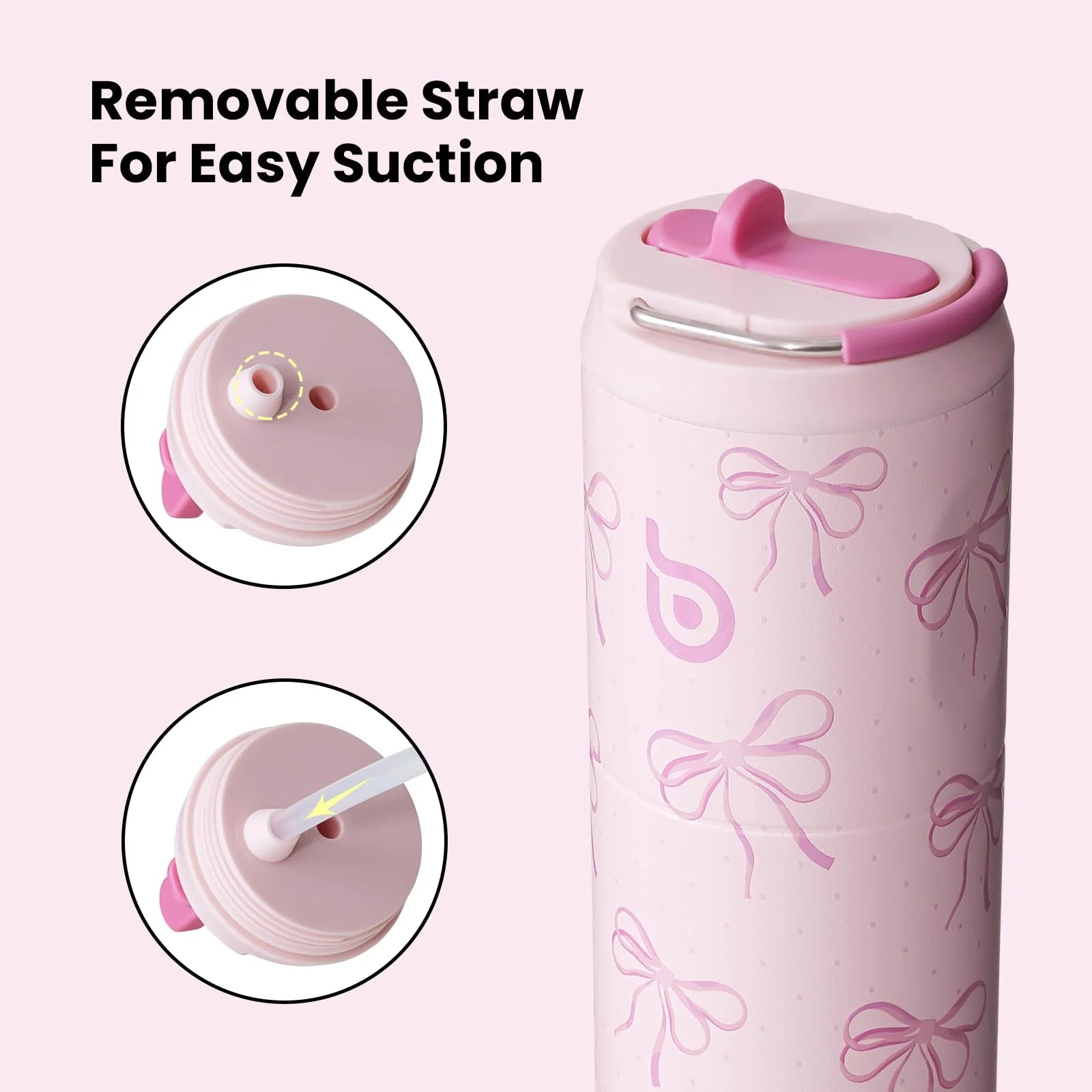 Insulated Water Bottle 24Oz with Straw Lid and Handle for Sports Travel Gym Stainless Steel Water Bottles Double-Wall Vacuum Metal Leak Proof Bpa-Free (Pink Bow)