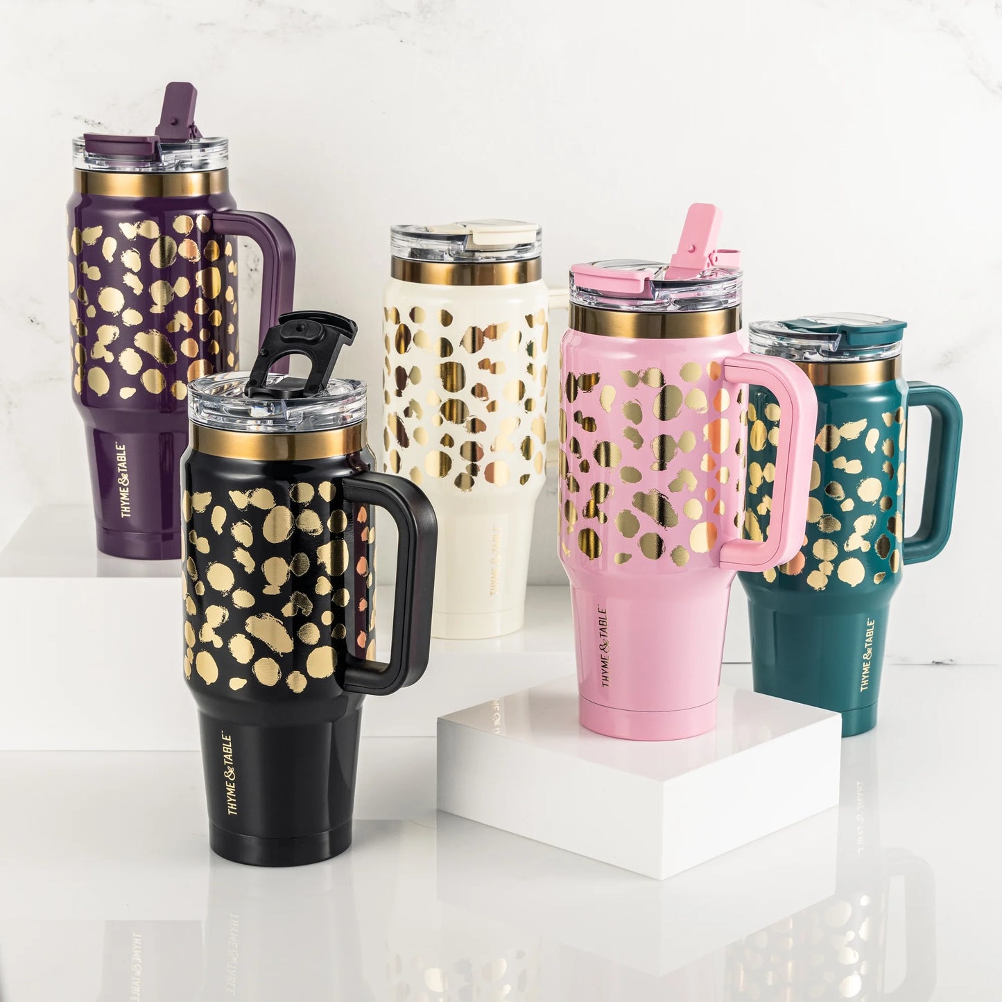 32 Fl Oz Stainless Steel Luna Tumbler with Handle and Dual Straw Lid, Black & Gold Dot