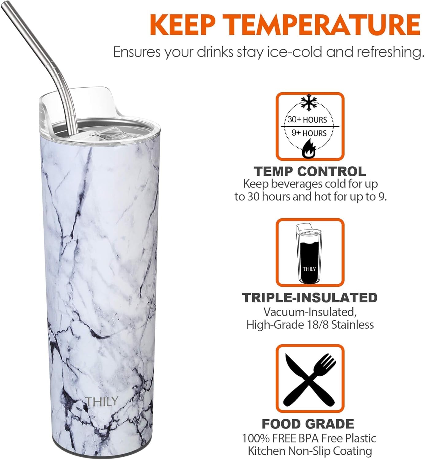 Stainless Steel Vacuum Insulated Tumbler 22 Oz Slim Coffee Cup with Lid and Straw, Spill-Proof, Keep Cold for Juice, Beverage, Christmas Gift, White Marble
