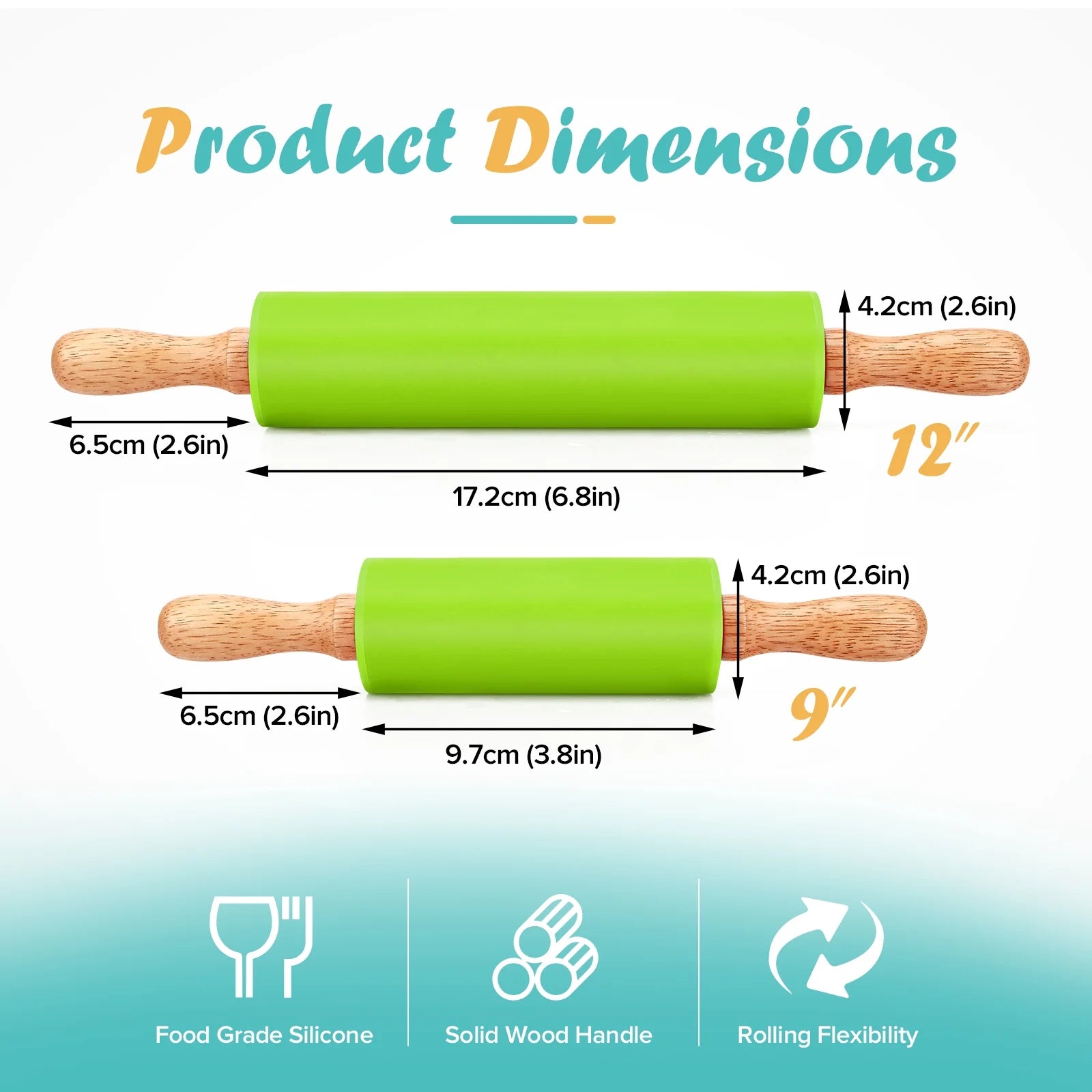 Badiano 2 Pcs 9" 12" Non-Stick Wooden Handle Silicone Rolling Pin Sets for Dough Pizza Pastry, Green
