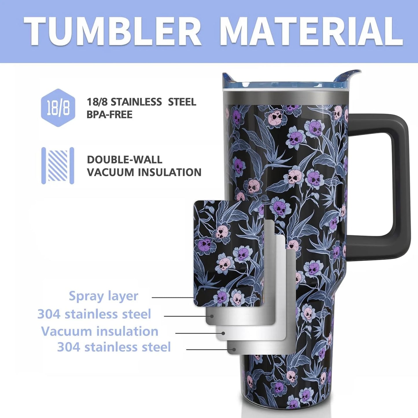 Tumblers 40 Oz Halloween Skull Stainless Steel Tumbler Glasses
