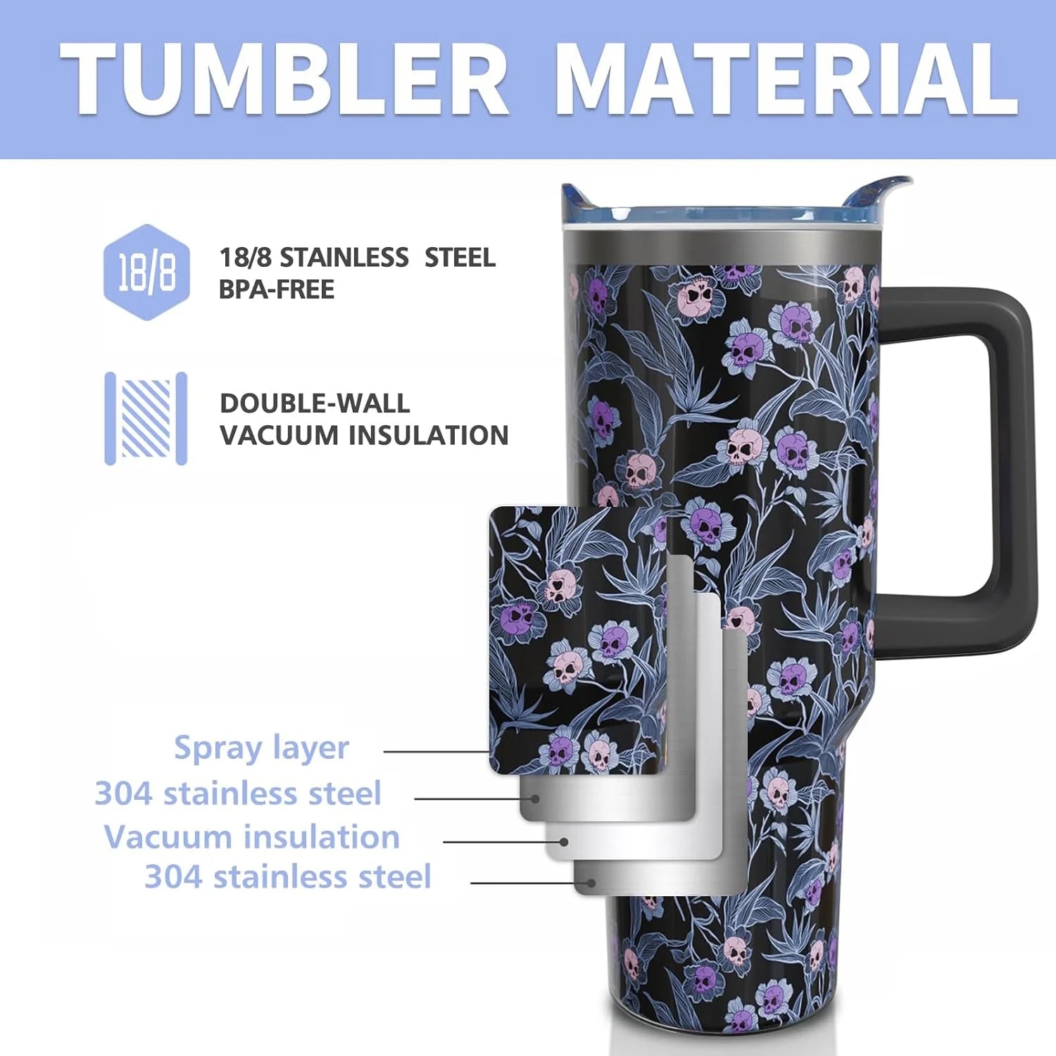Tumblers 40 Oz Halloween Skull Stainless Steel Tumbler Glasses